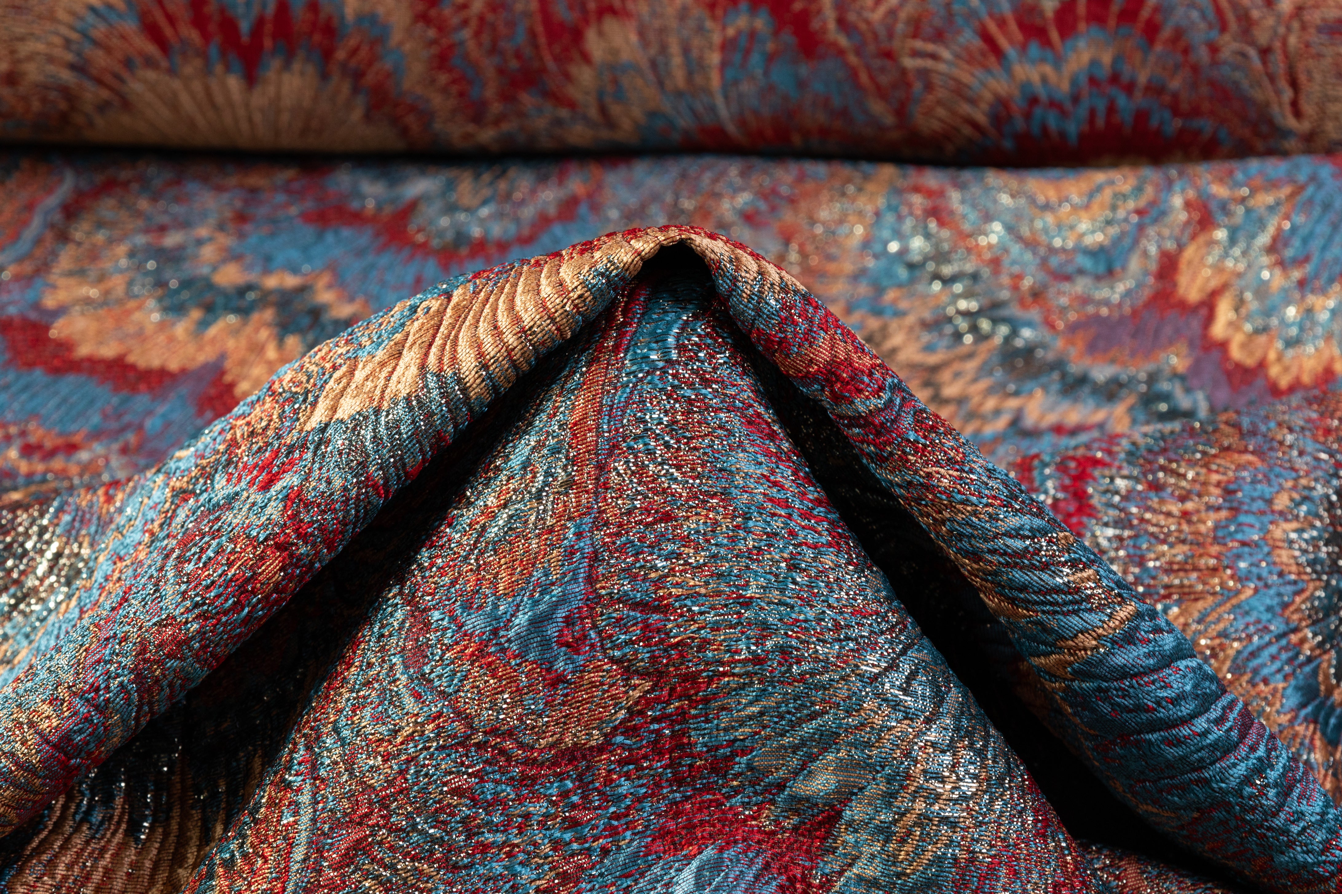 Abstract Metallic Italian Brocade - Blue / Orange / Red