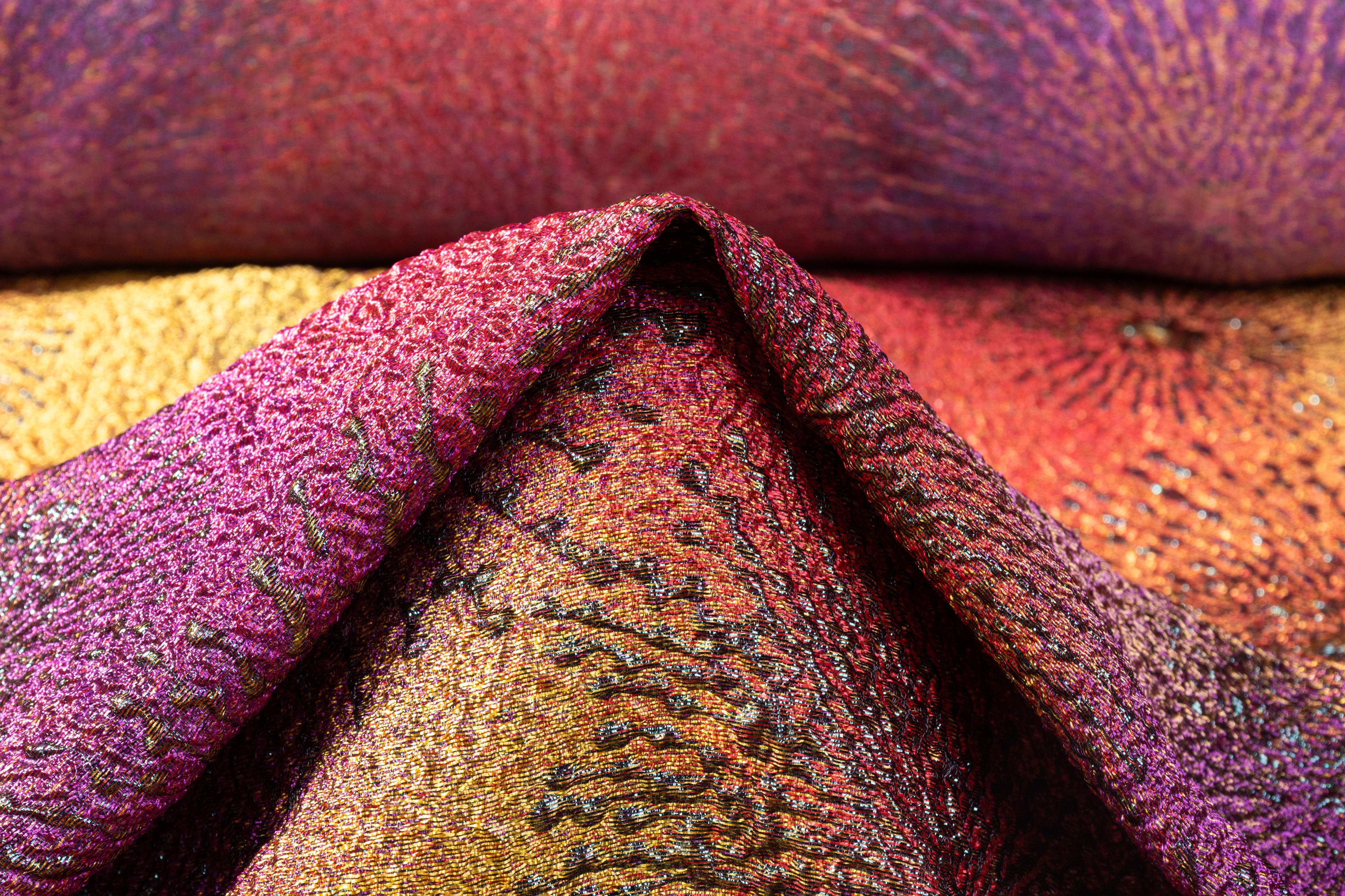 Metallic Italian Cloqué Brocade - Gold / Purple / Red