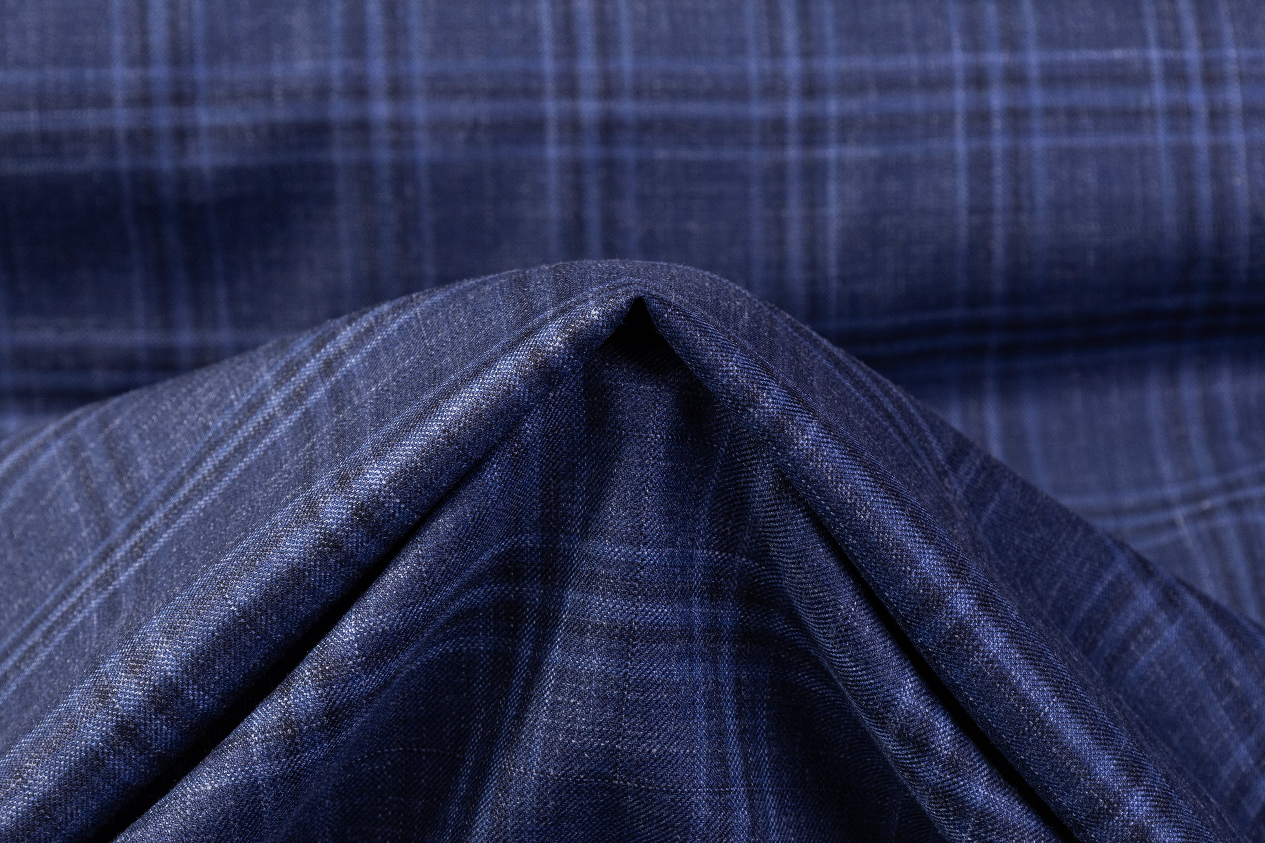 Carlo Barbera - Plaid Italian Wool Silk Linen Suiting - Blue