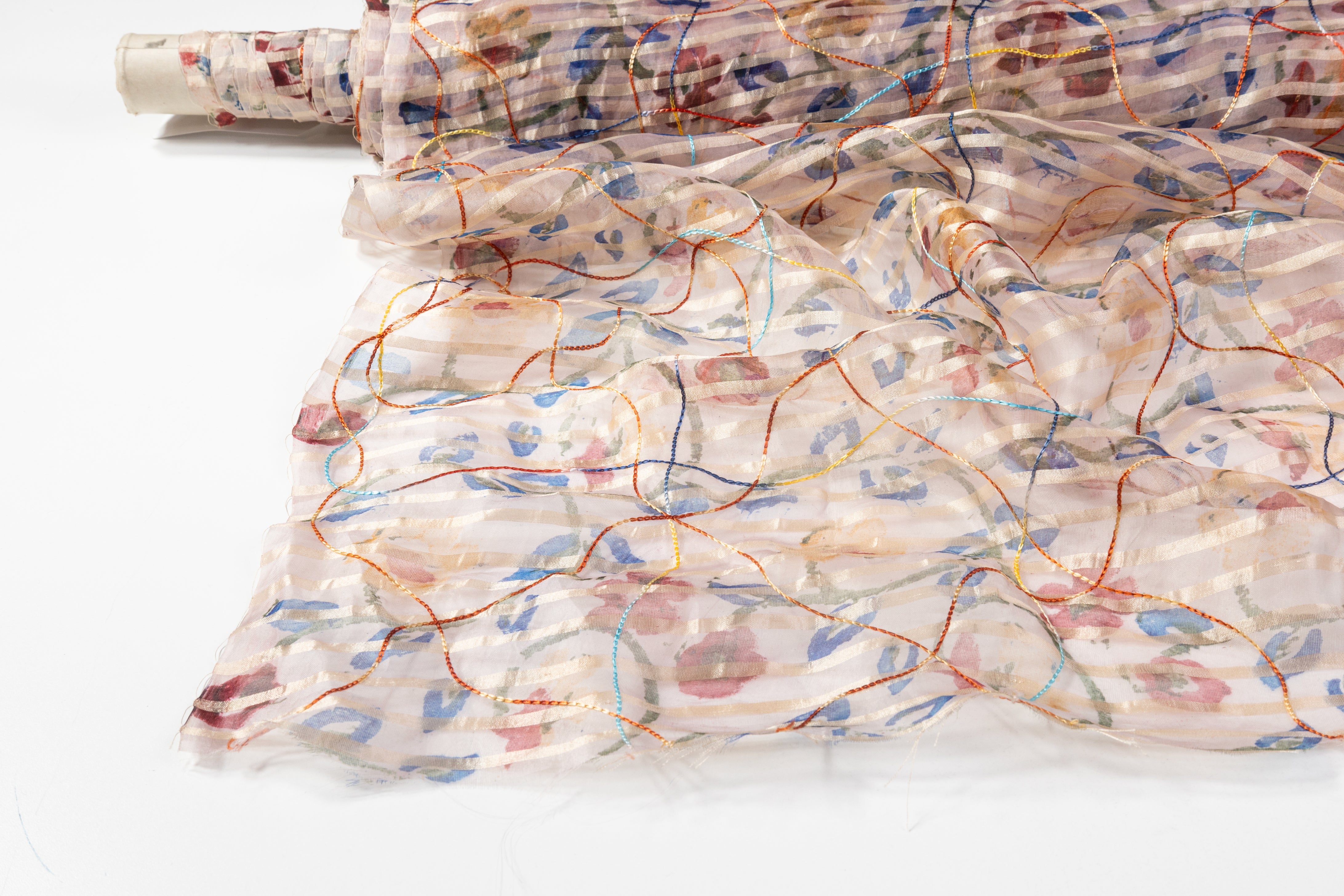 Embroidered and Printed Silk Organza - Beige / Multicolor