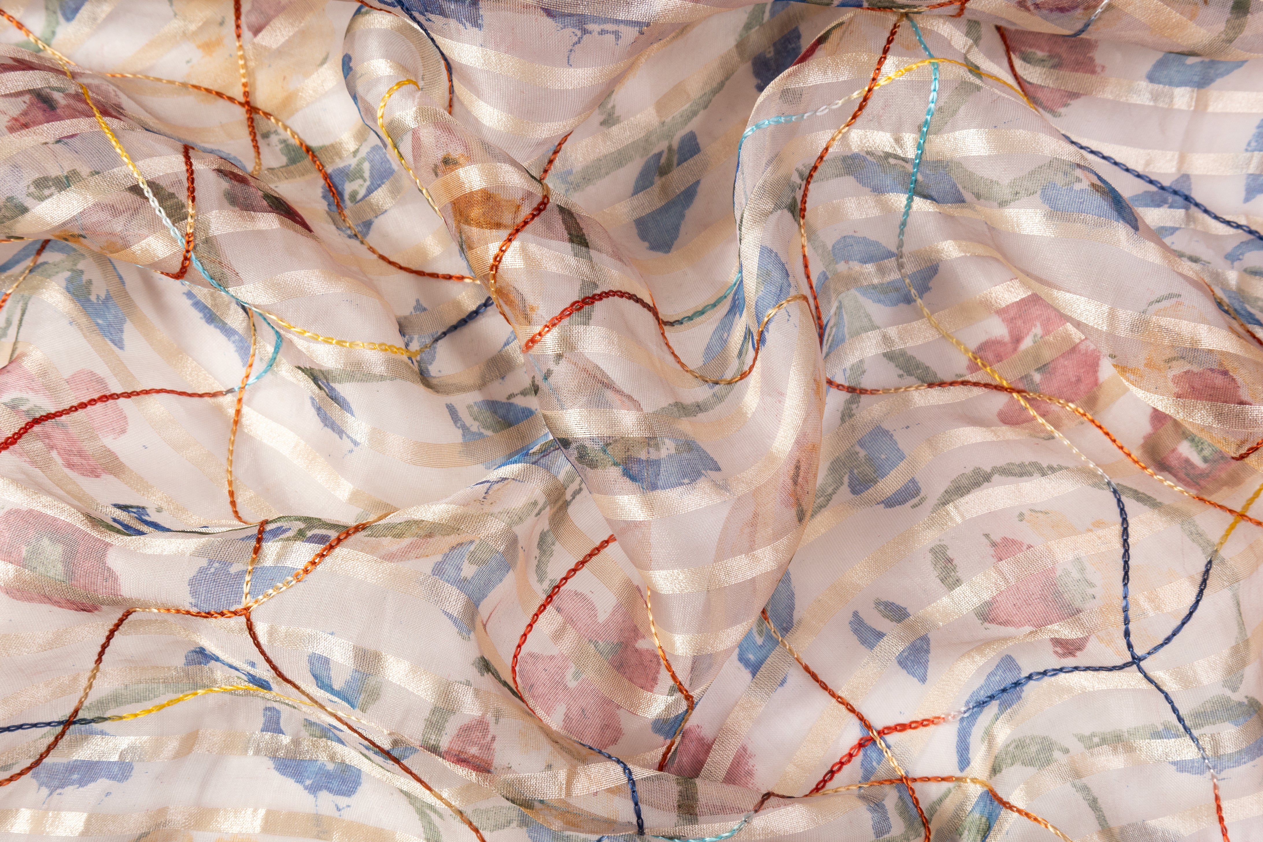 Embroidered and Printed Silk Organza - Beige / Multicolor