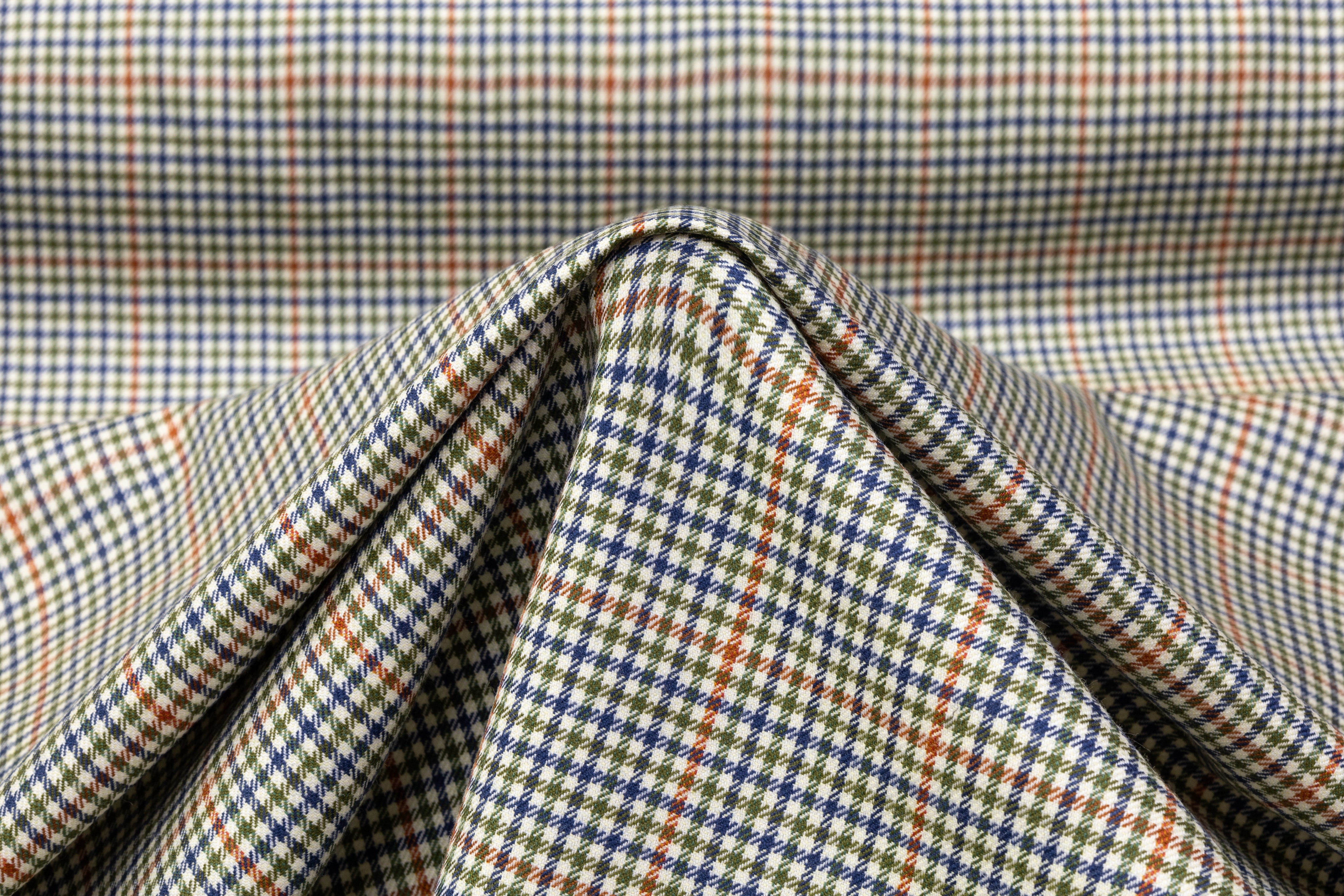Checked Superfine Worsted Wool Suiting - Green / Blue / Orange