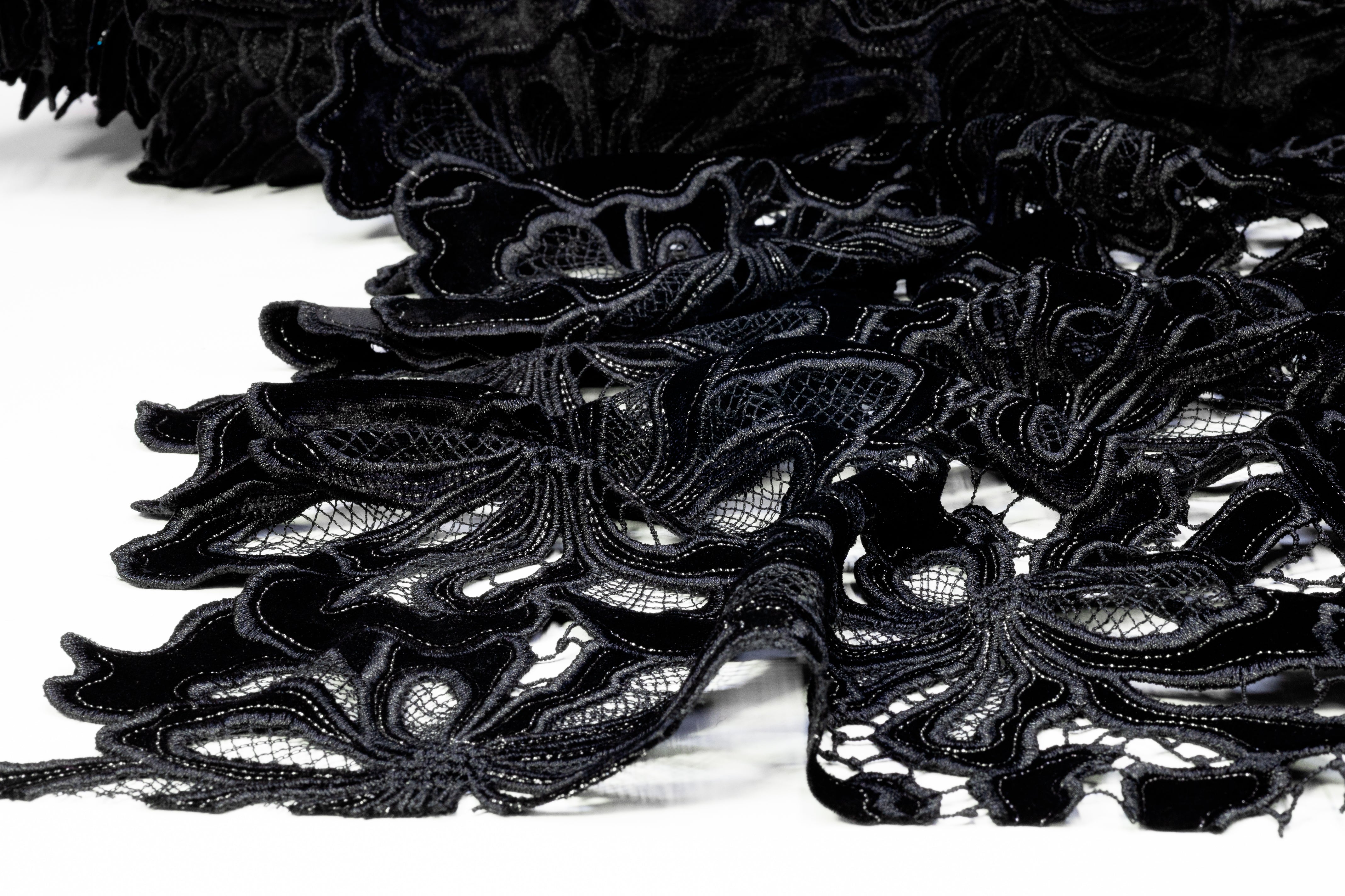 Floral Italian Stretch Velvet Guipure Lace - Black