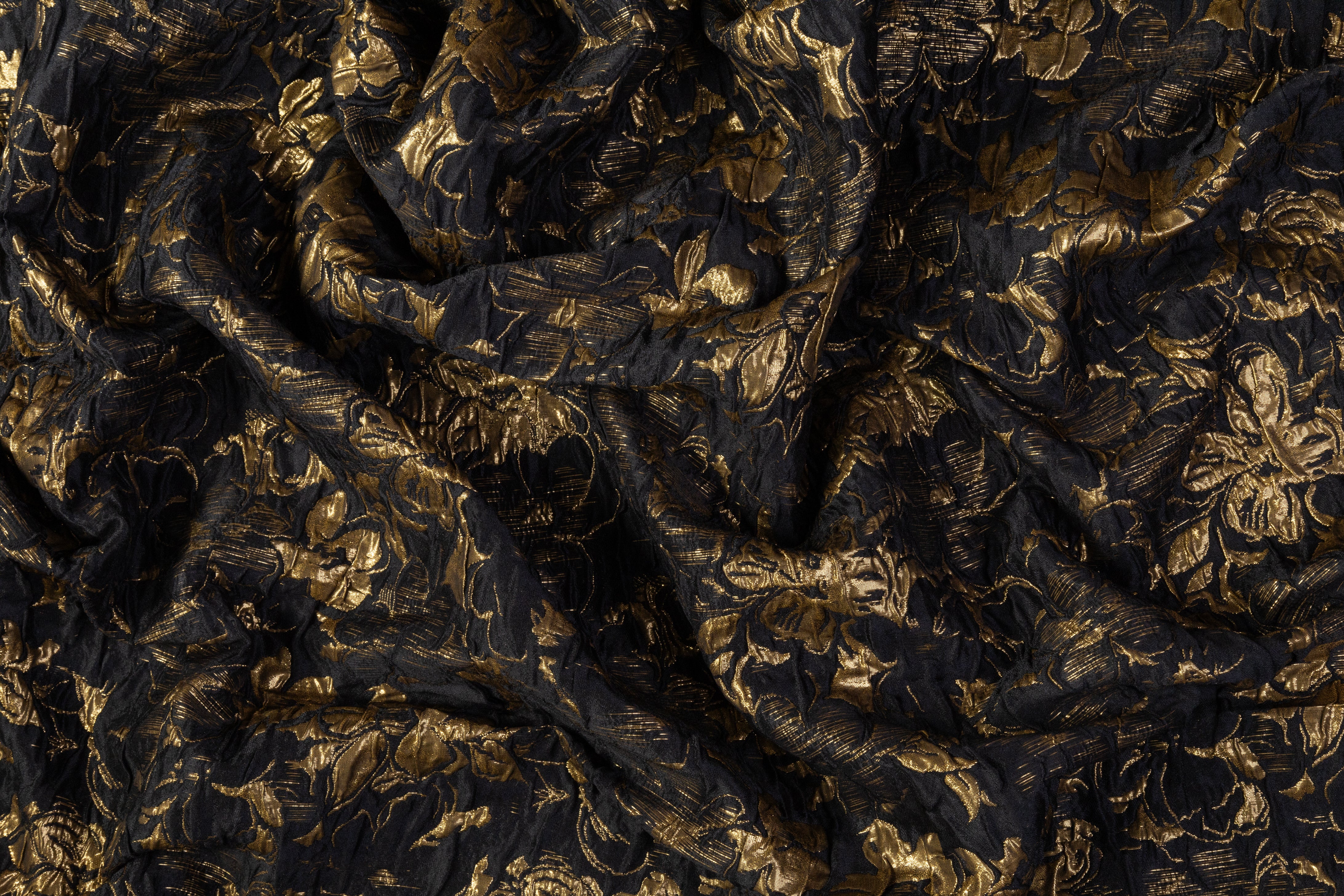 Double Faced Floral Crushed Metallic Brocade - Black / Gold