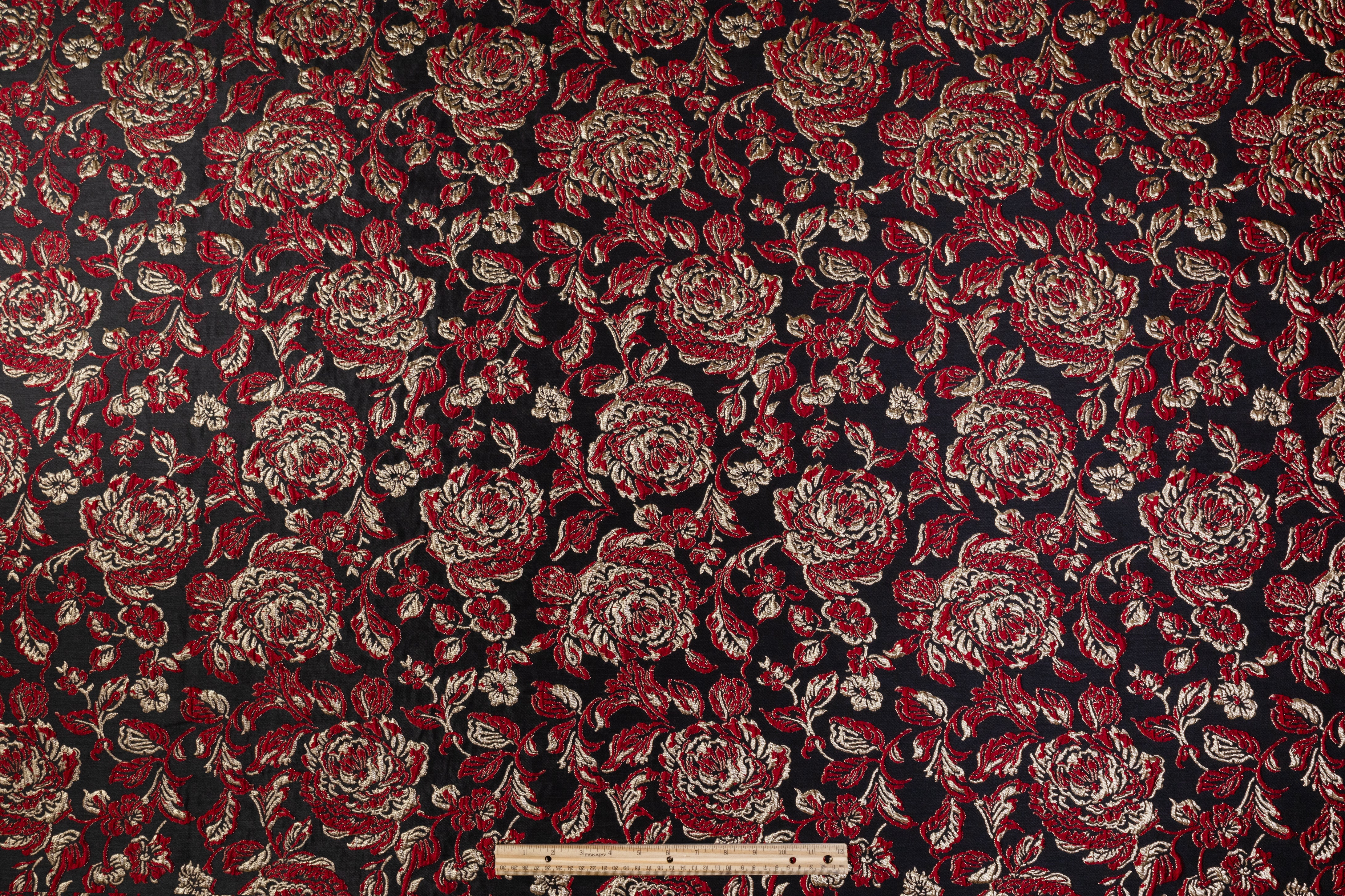 Crushed Floral Metallic Brocade - Red / Gold / Black