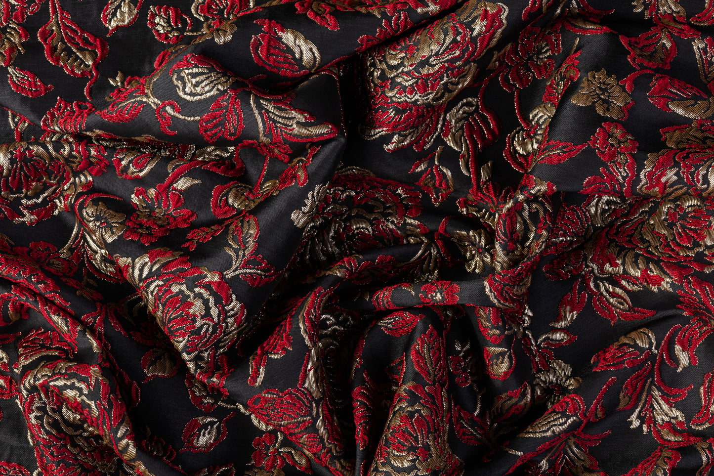 Crushed Floral Metallic Brocade - Red / Gold / Black