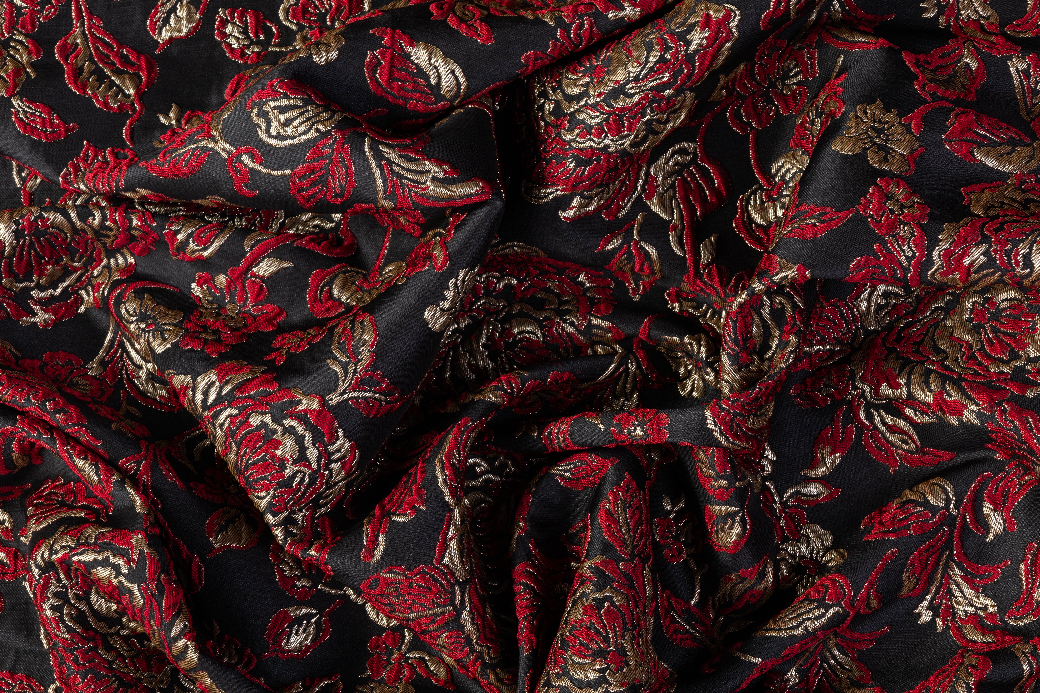 Crushed Floral Metallic Brocade - Red / Gold / Black