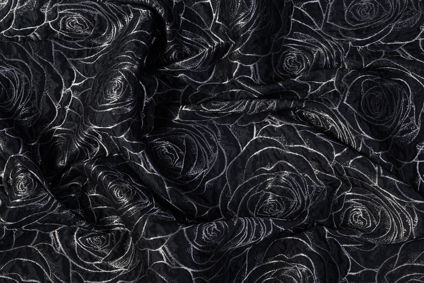 Crushed Floral Metallic Brocade - Black / Silver