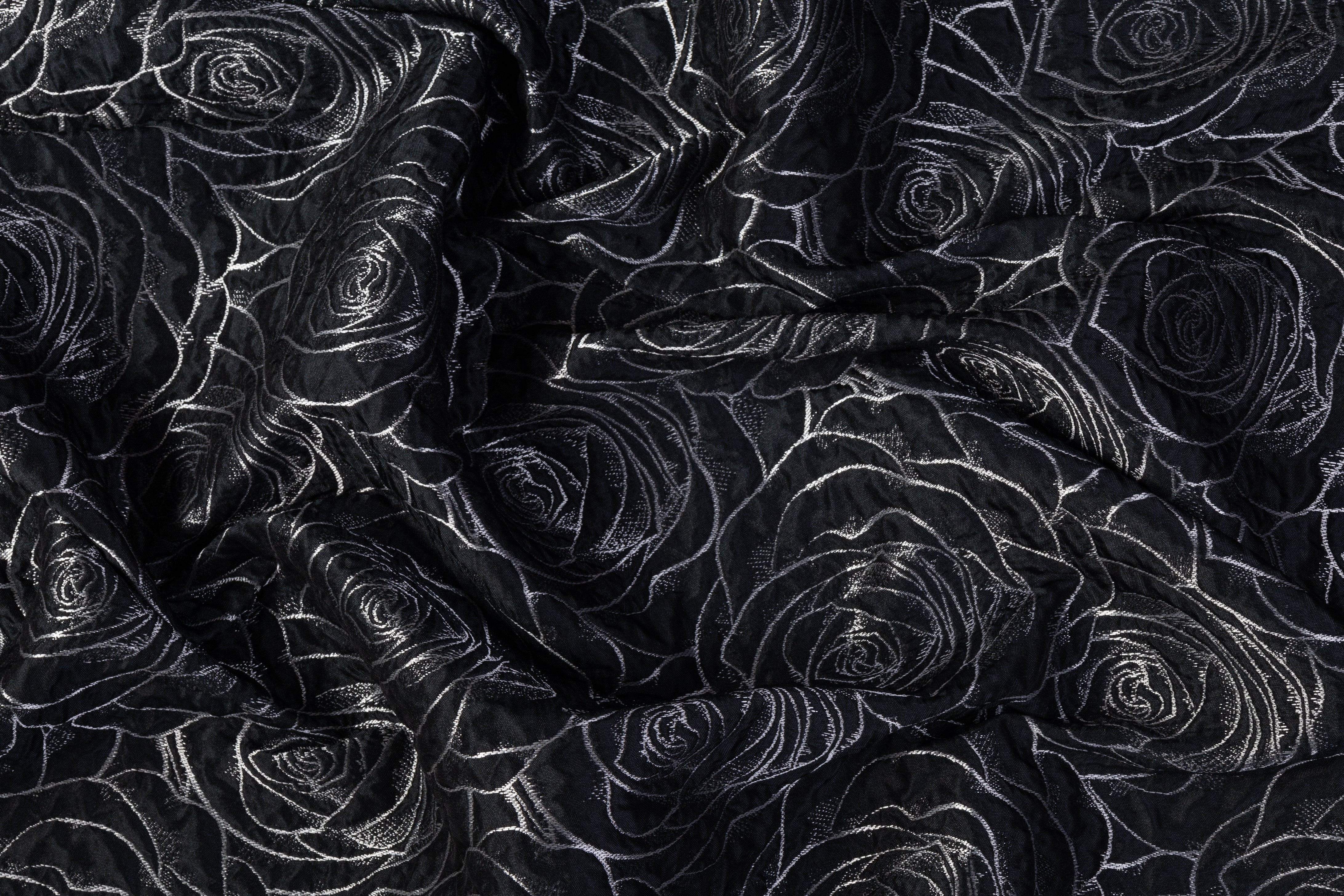 Crushed Floral Metallic Brocade - Black / Silver