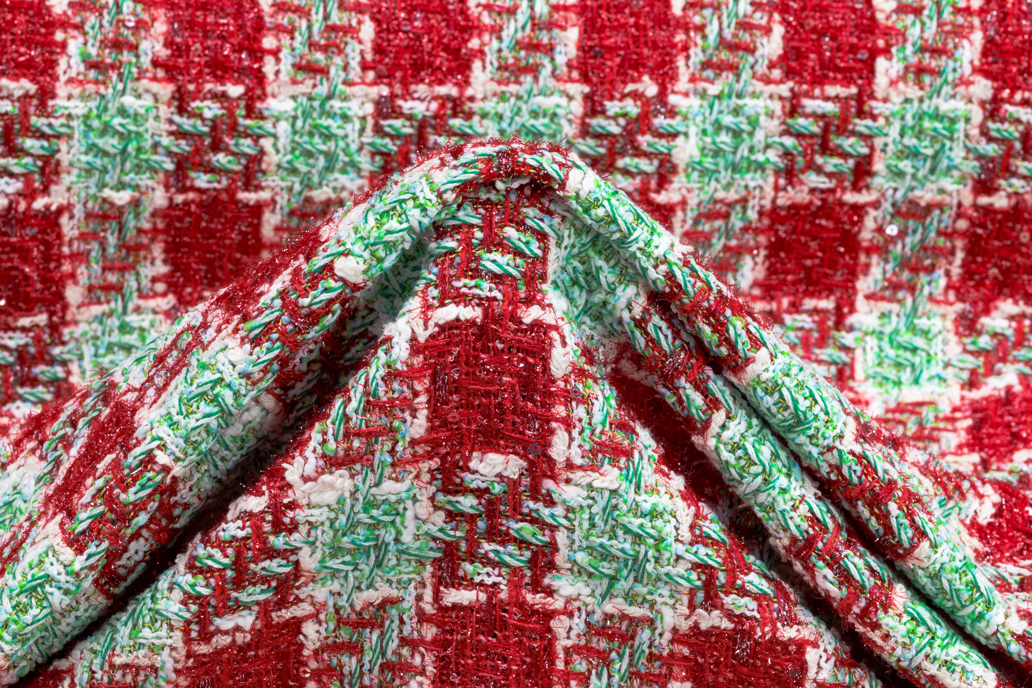 Metallic Houndstooth Italian Tweed - Red / White / Green