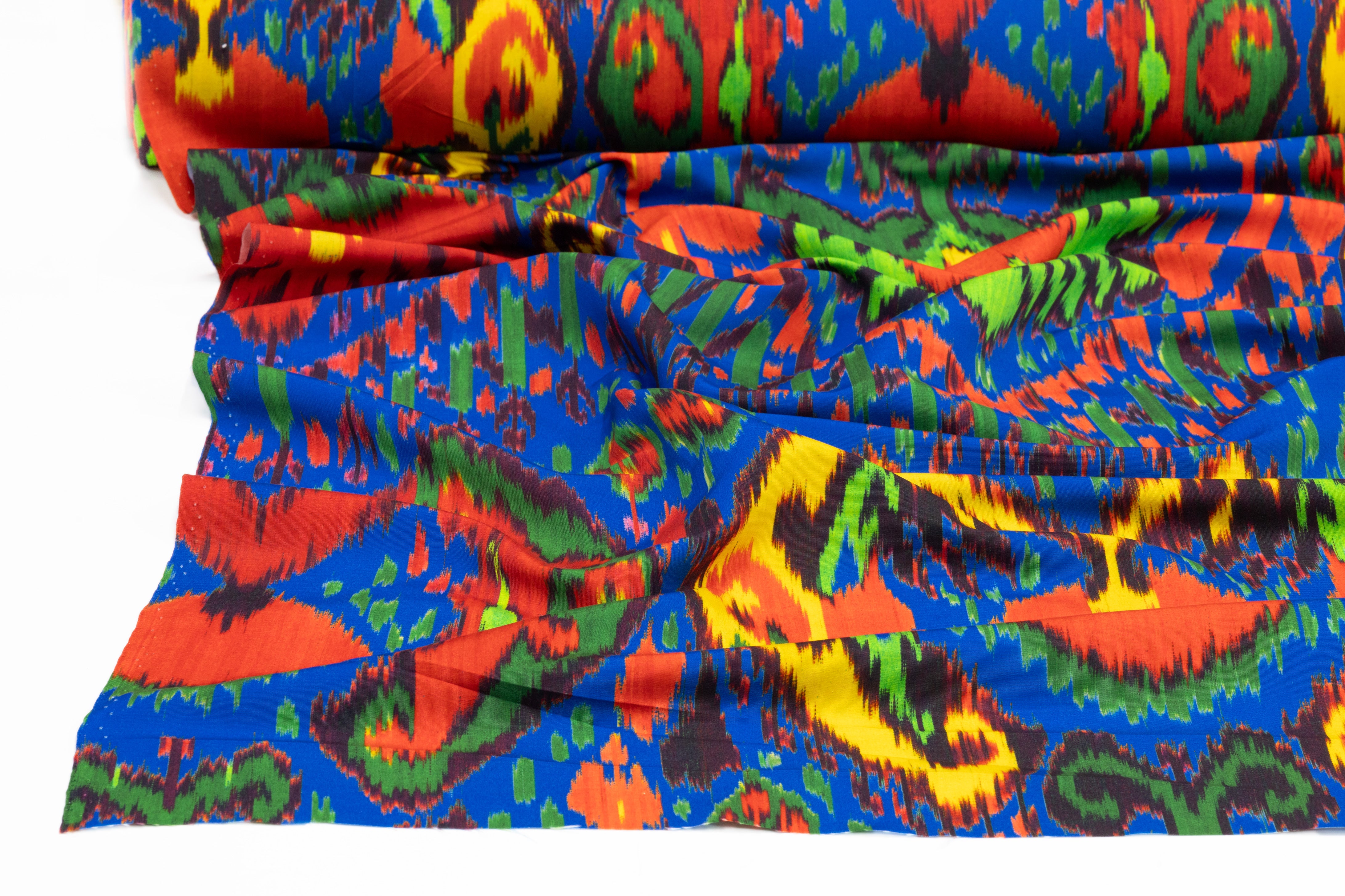 Ikat Printed Italian Sueded Polyester - Blue / Green / Yellow / Red