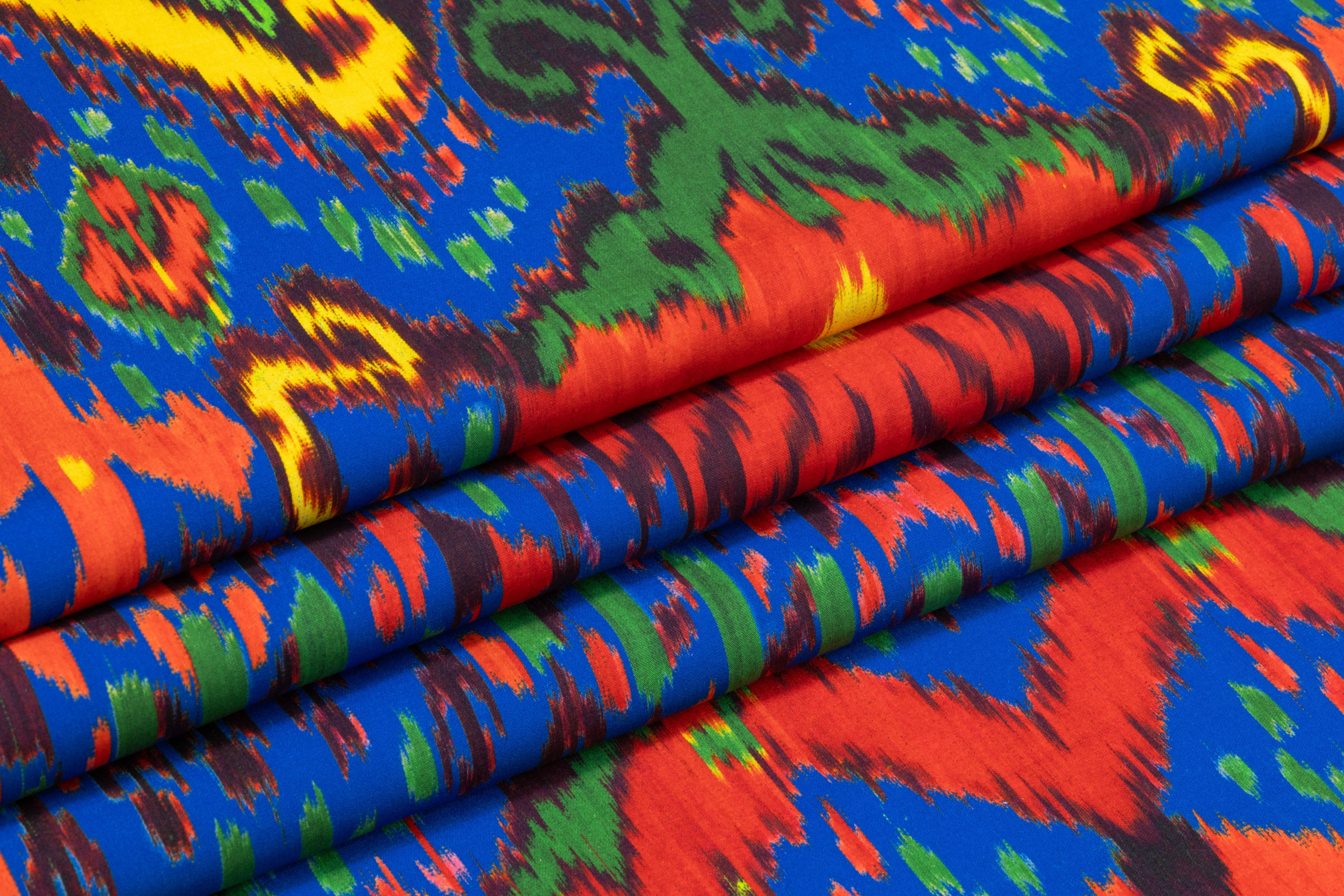 Ikat Printed Italian Sueded Polyester - Blue / Green / Yellow / Red