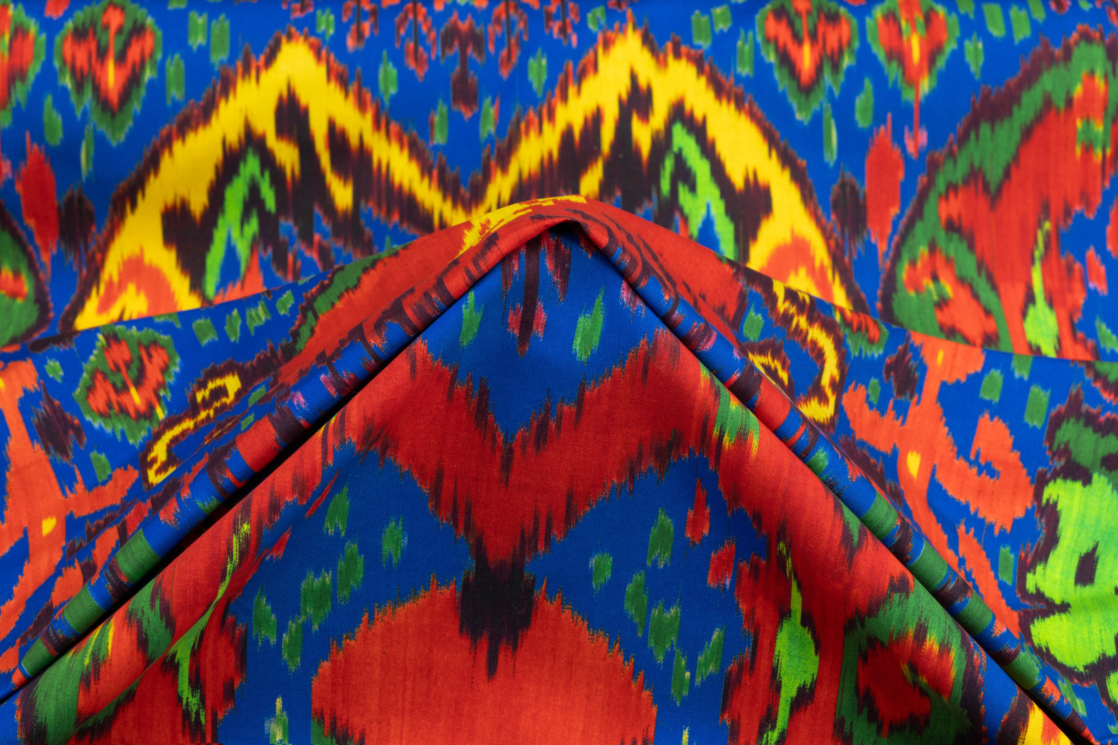 Ikat Printed Italian Sueded Polyester - Blue / Green / Yellow / Red