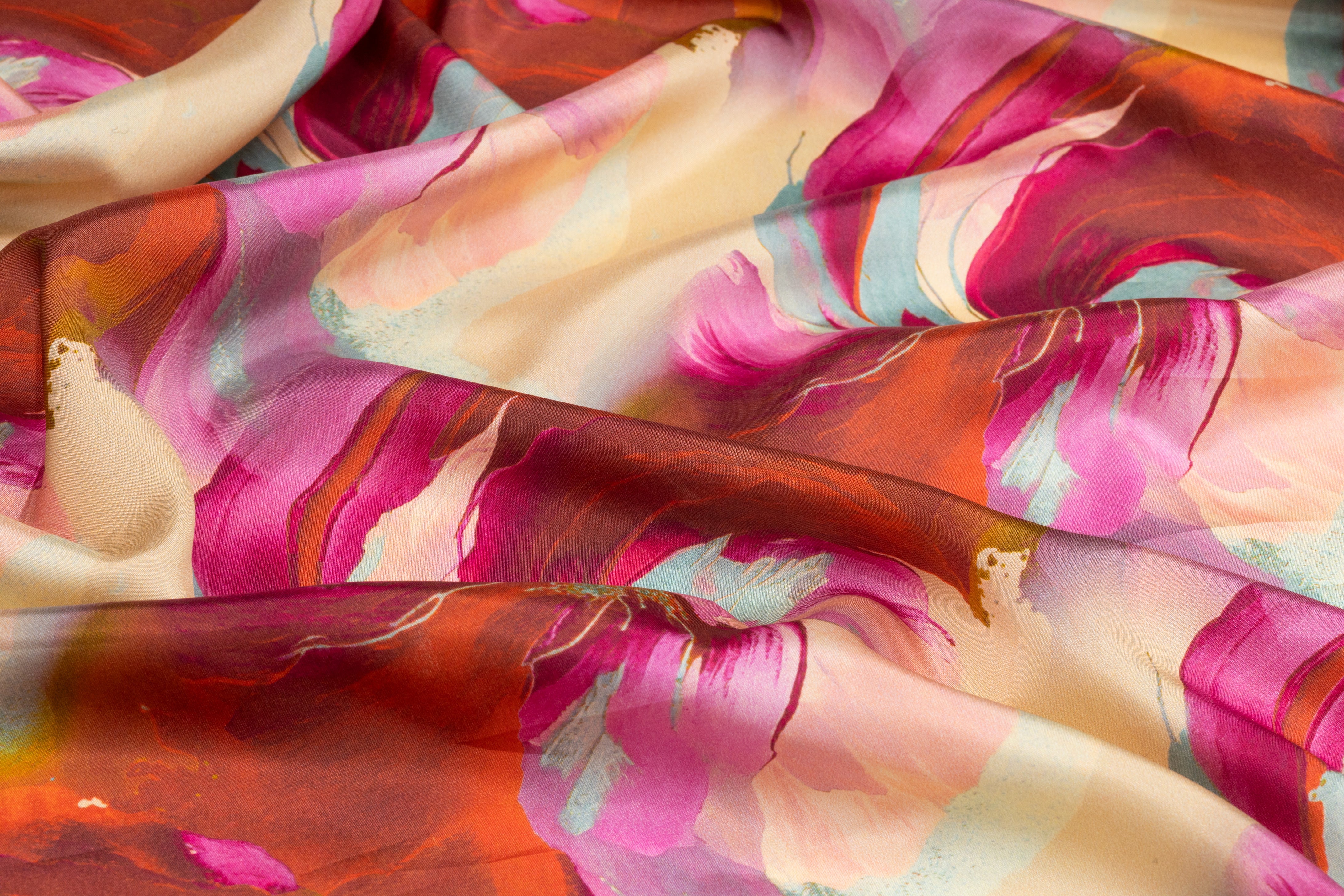 Watercolor Floral Italian Silk Charmeuse - Pink / Beige / Blue