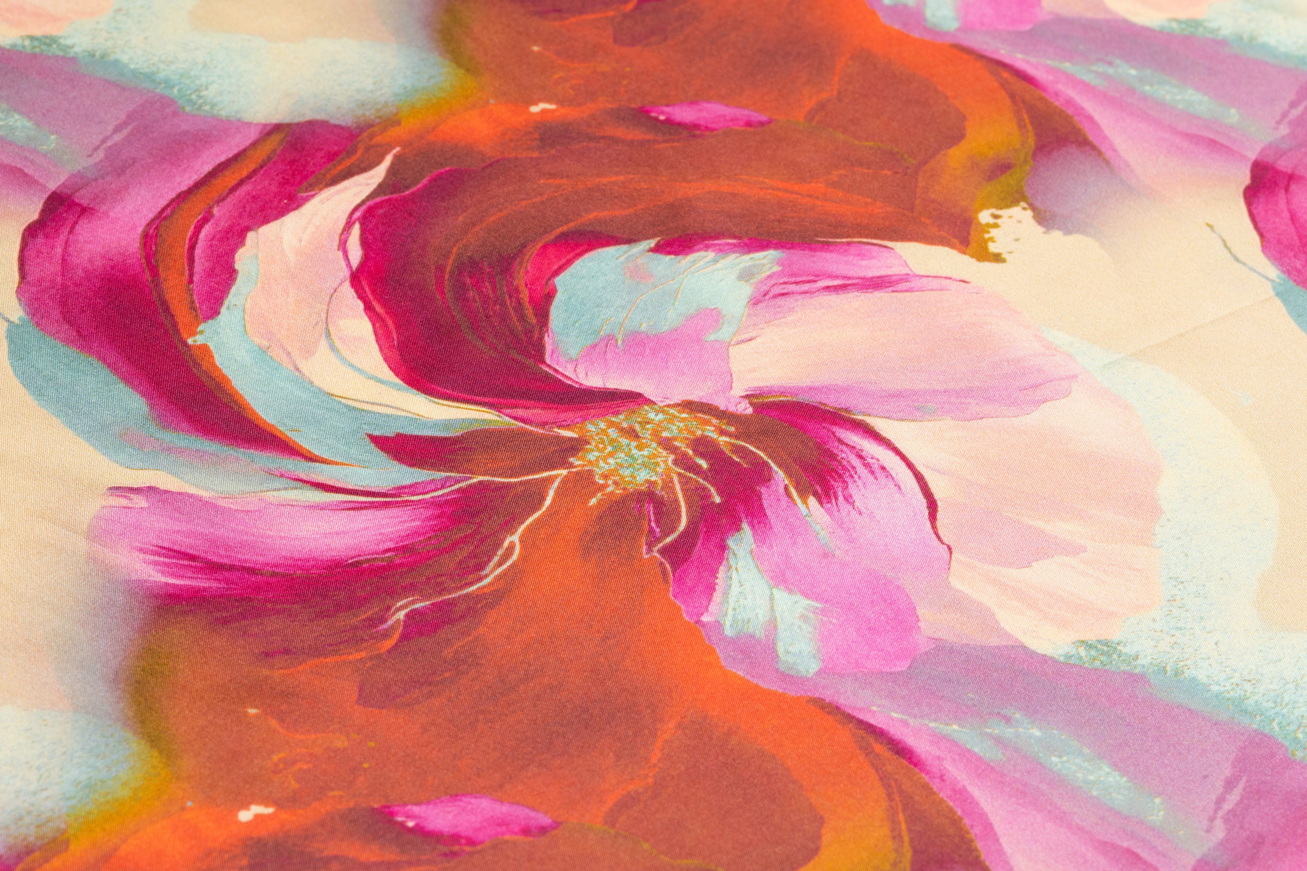 Watercolor Floral Italian Silk Charmeuse - Pink / Beige / Blue