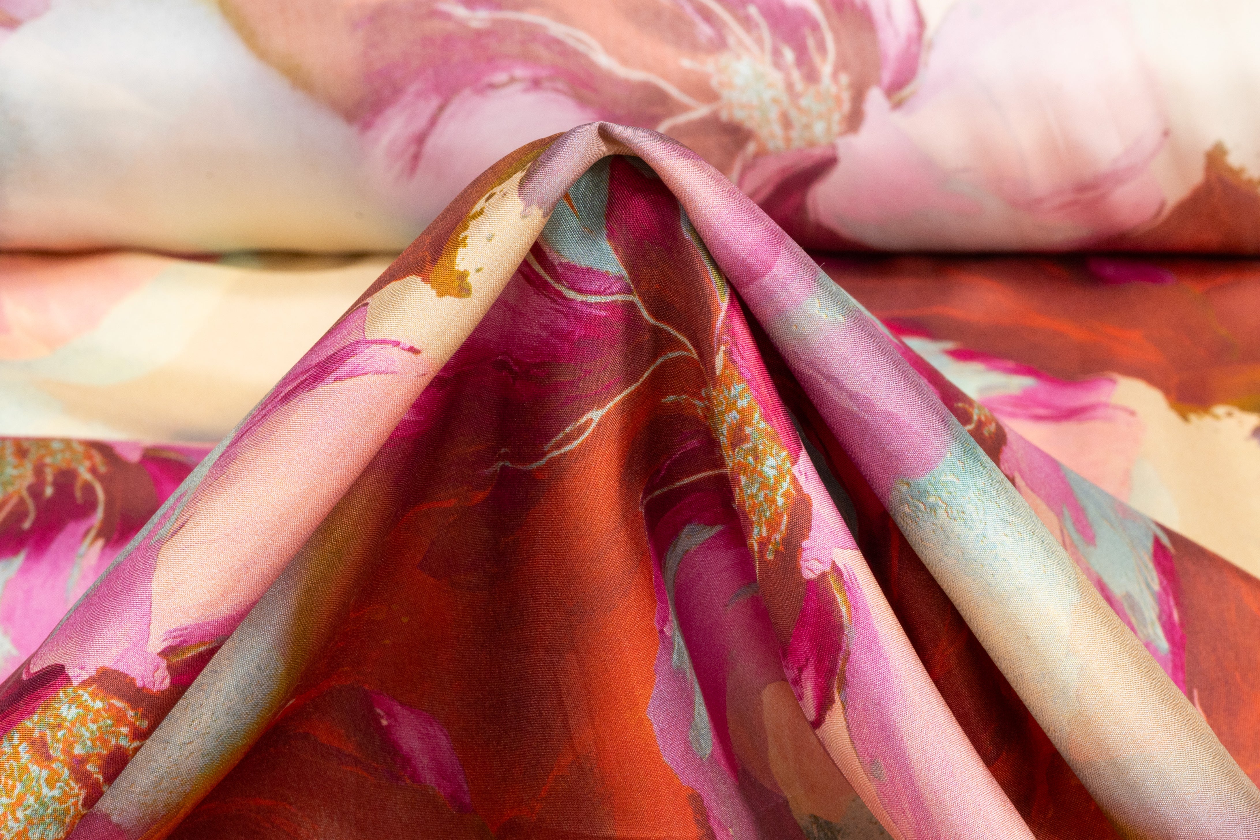 Watercolor Floral Italian Silk Charmeuse - Pink / Beige / Blue