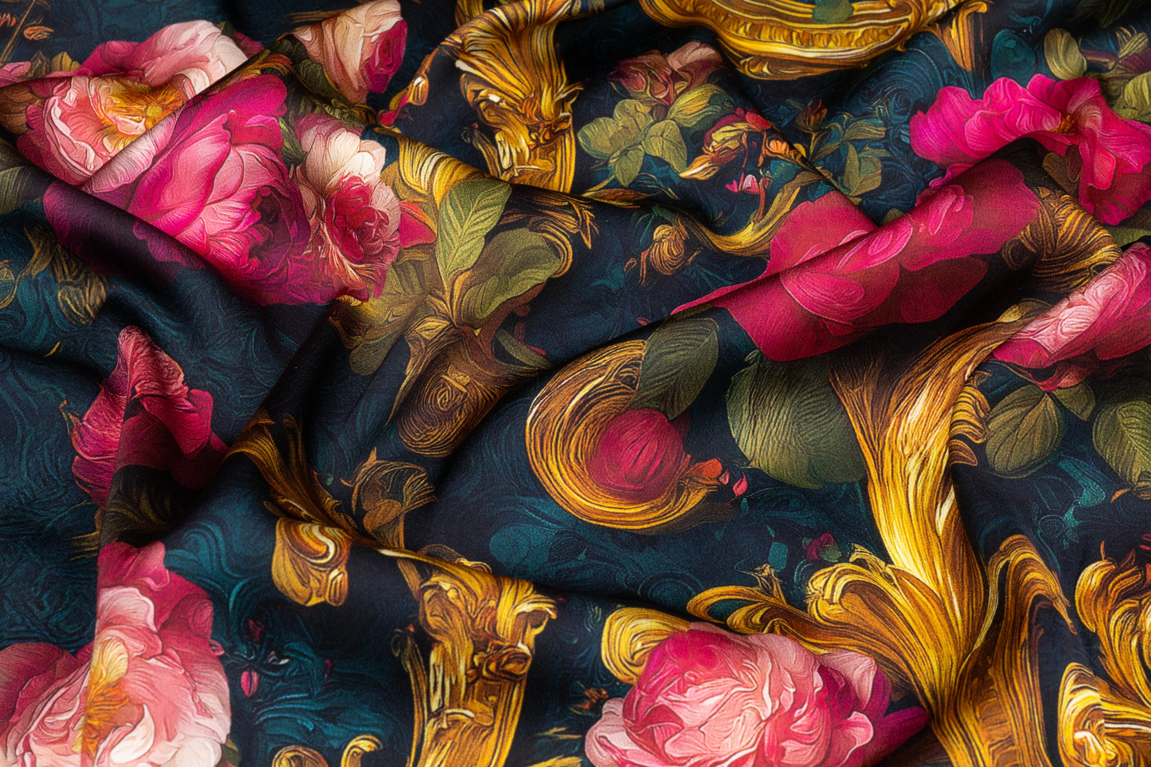 Baroque Floral Italian Silk Charmeuse - Teal / Pink / Gold