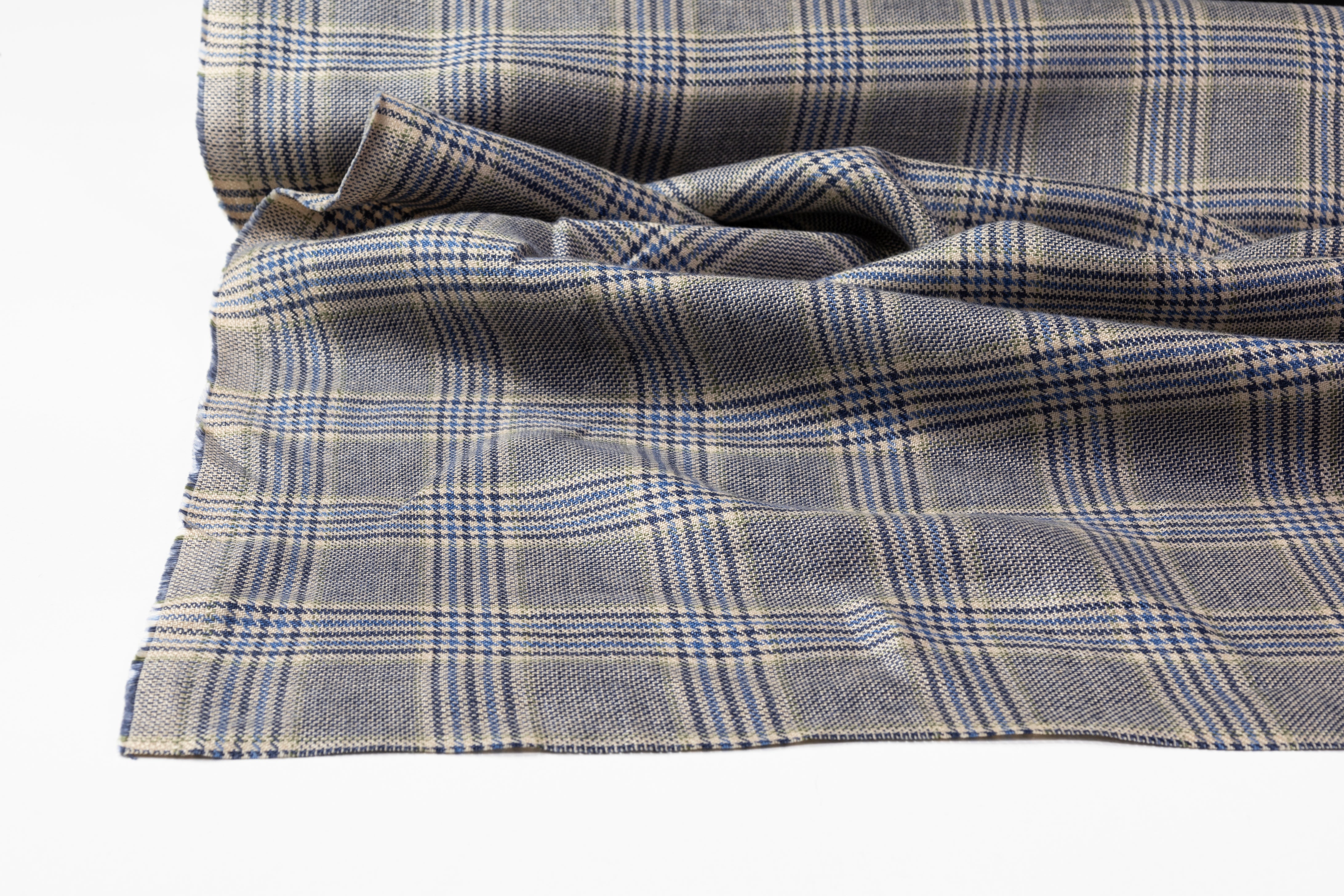 Checked Italian Pure Linen Suiting - Blue / Light Beige