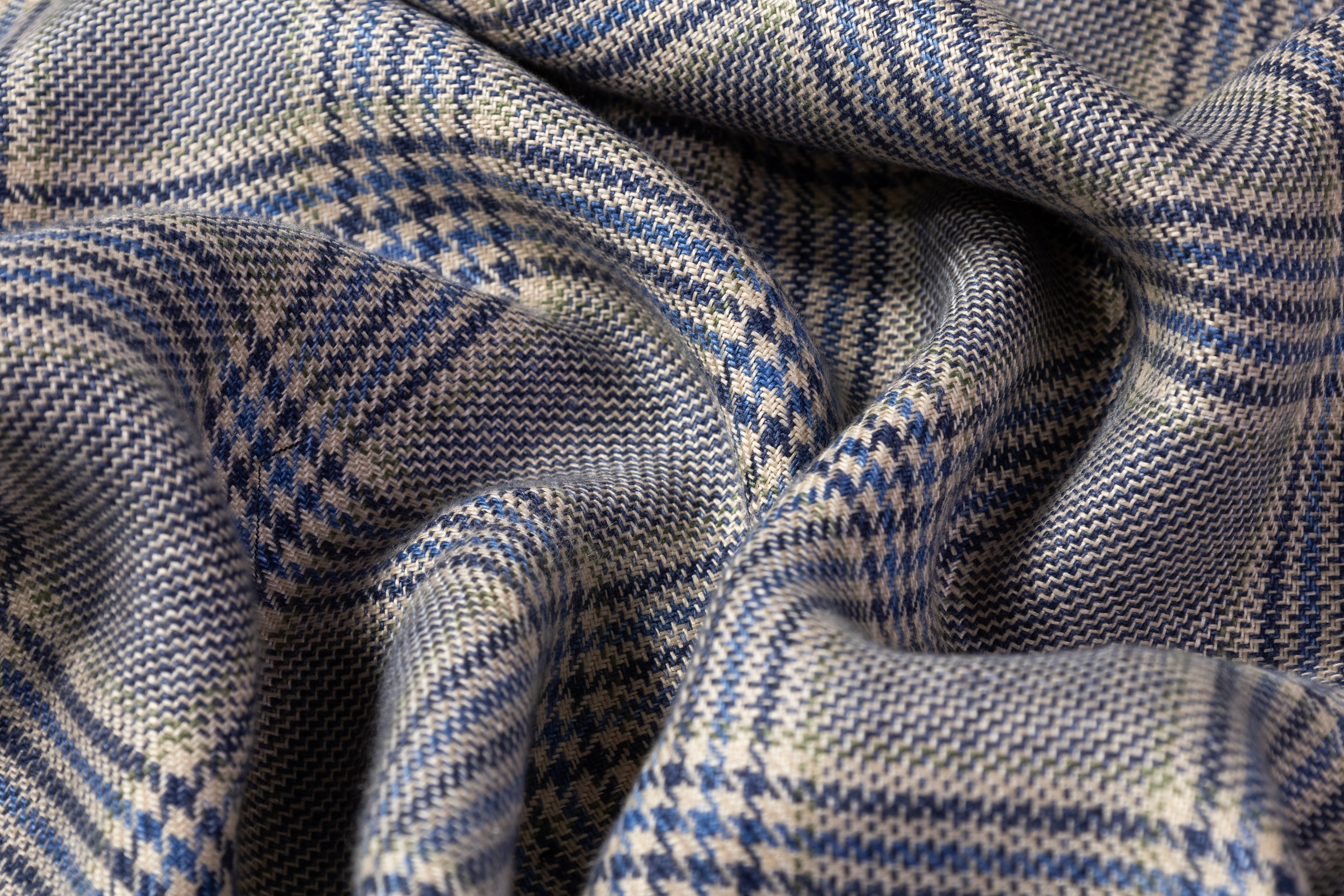 Checked Italian Pure Linen Suiting - Blue / Light Beige