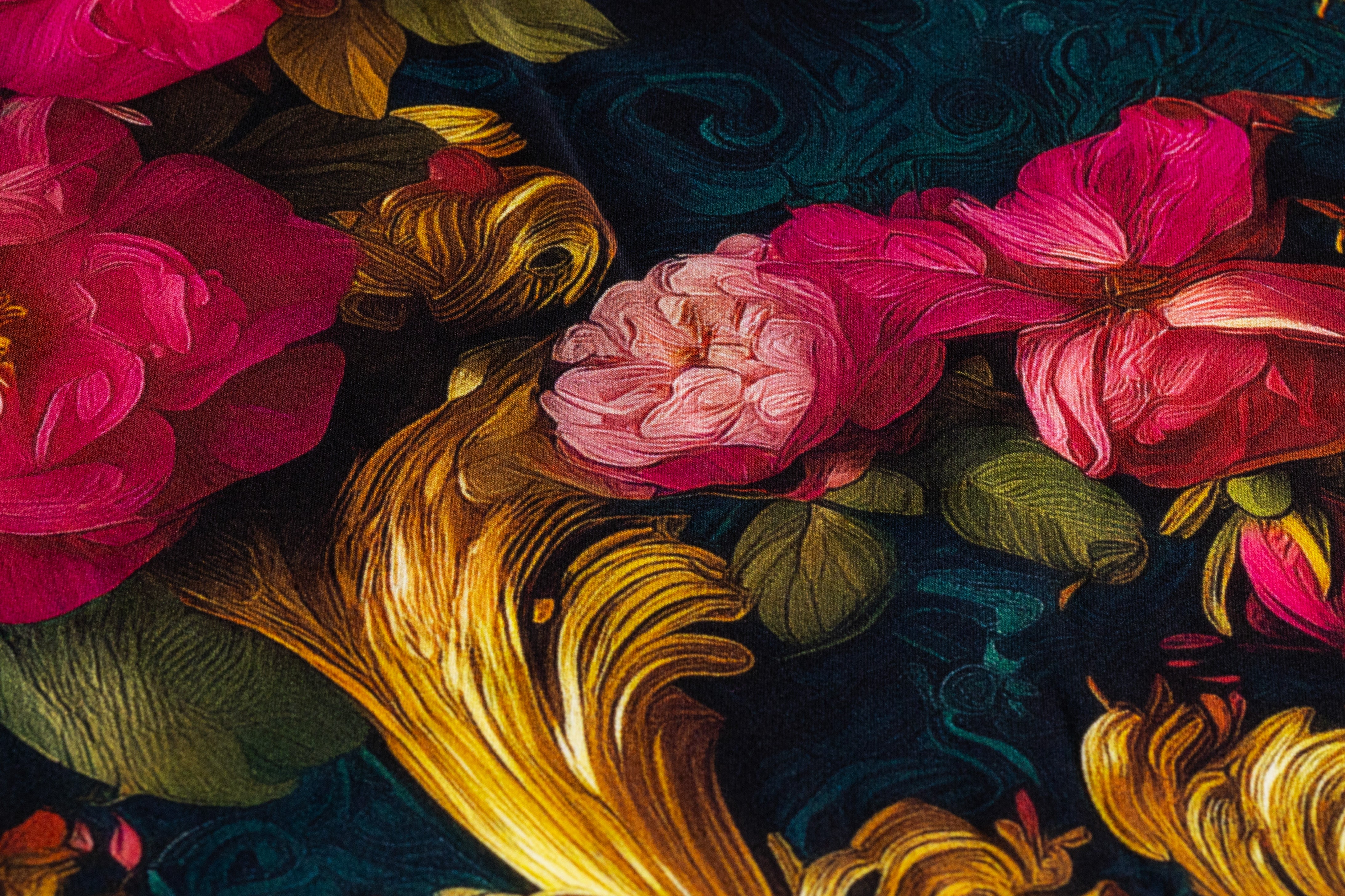 Baroque Floral Italian Silk Charmeuse - Teal / Pink / Gold