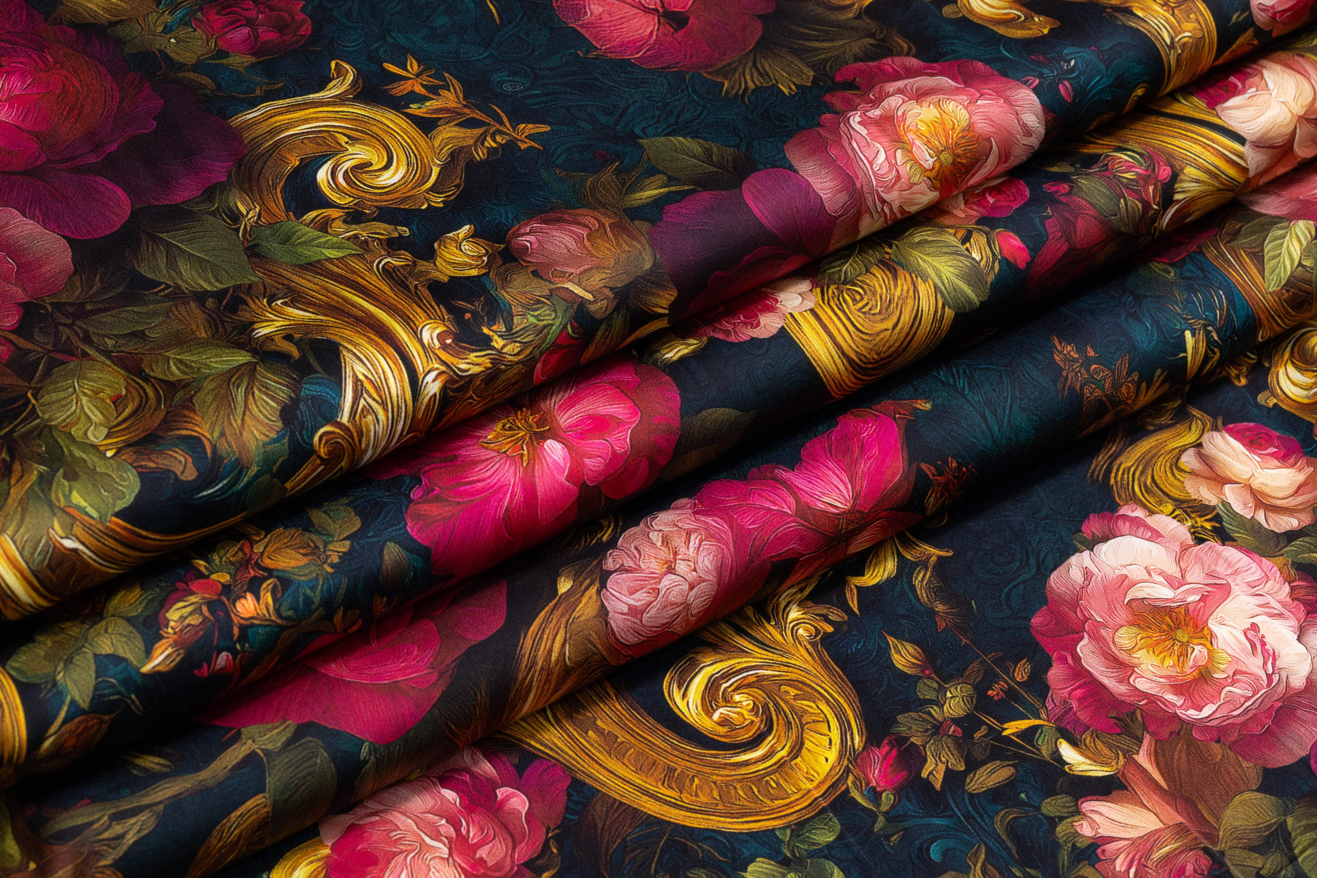 Baroque Floral Italian Silk Charmeuse - Teal / Pink / Gold
