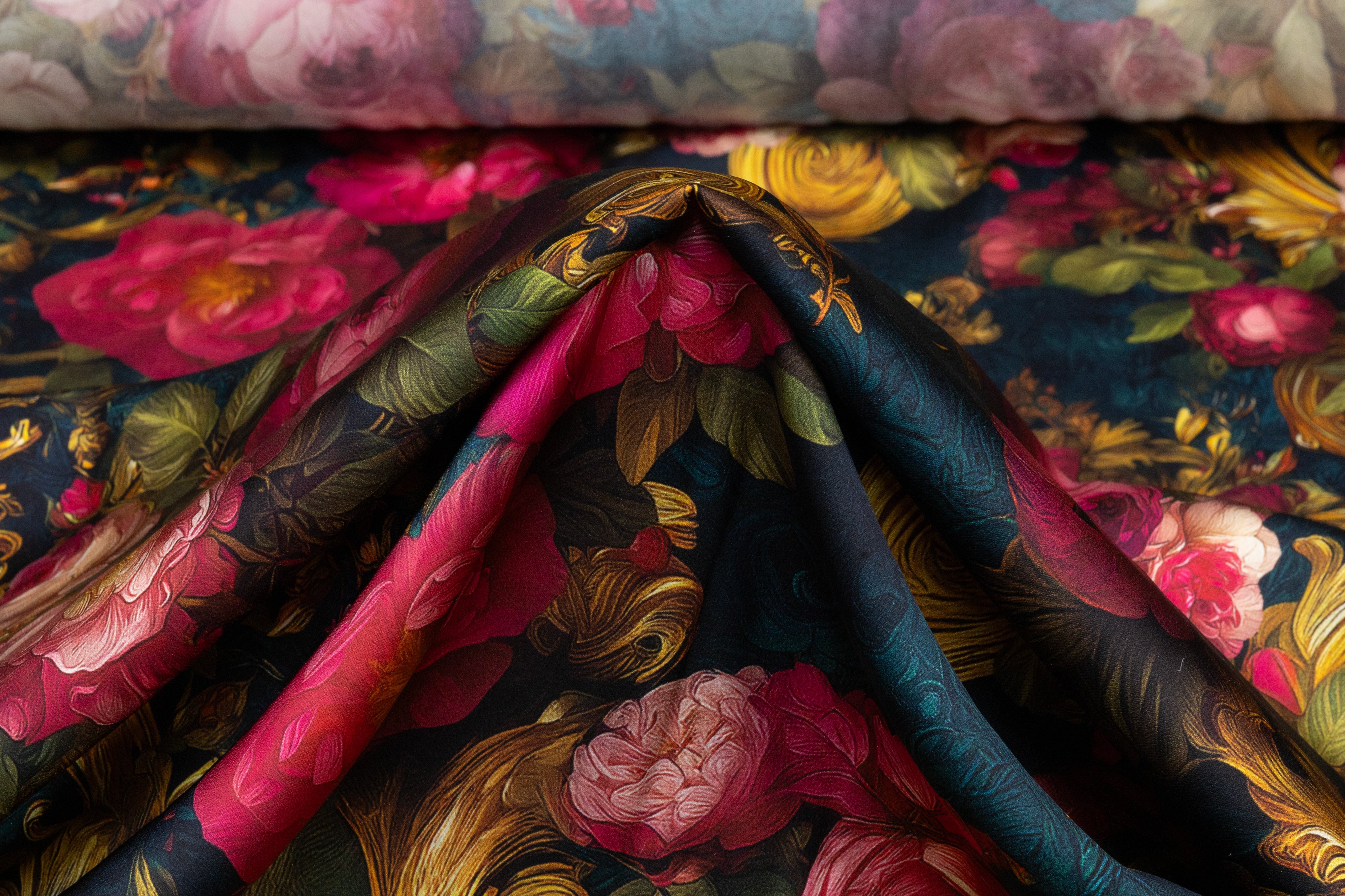 Baroque Floral Italian Silk Charmeuse - Teal / Pink / Gold