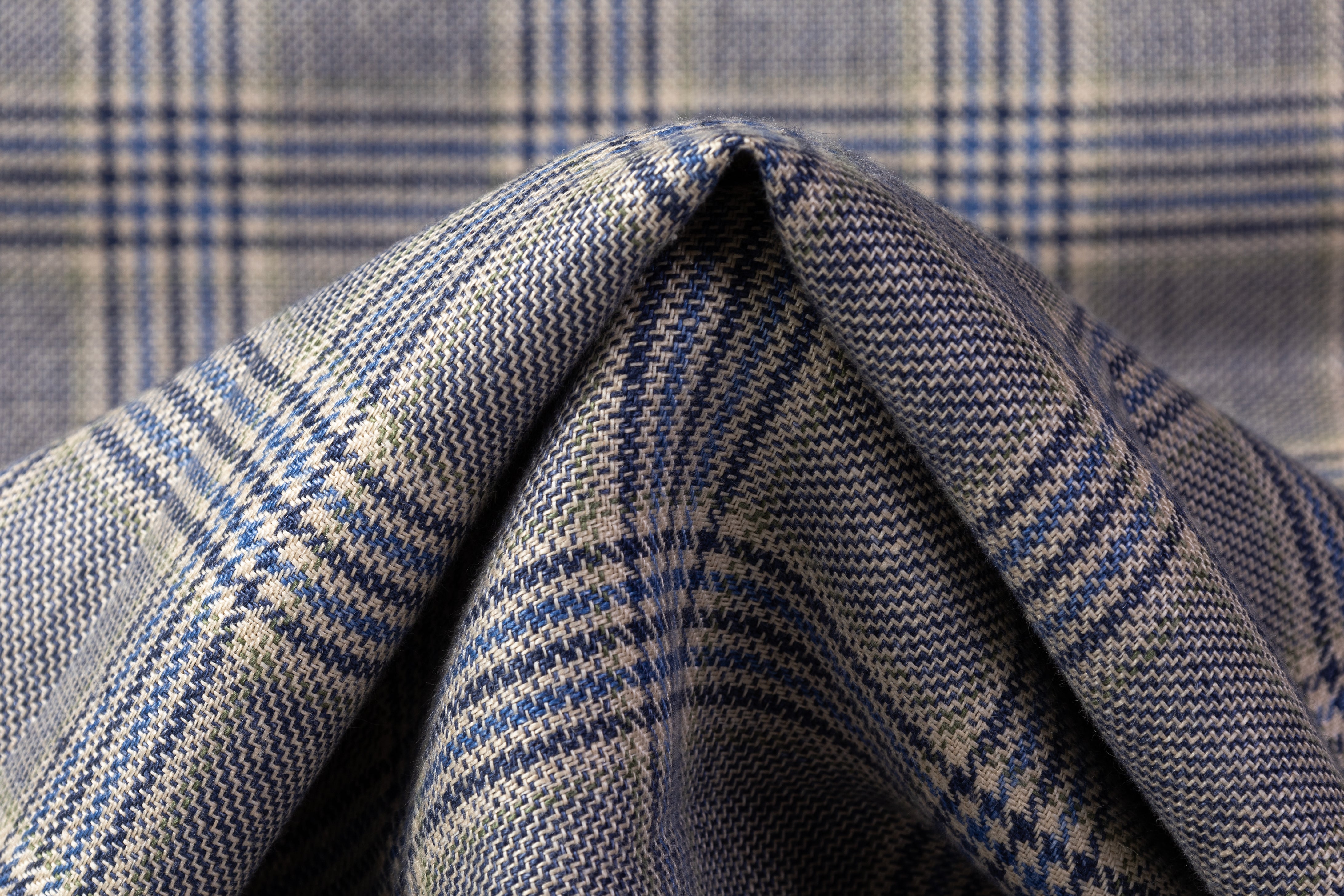 Checked Italian Pure Linen Suiting - Blue / Light Beige
