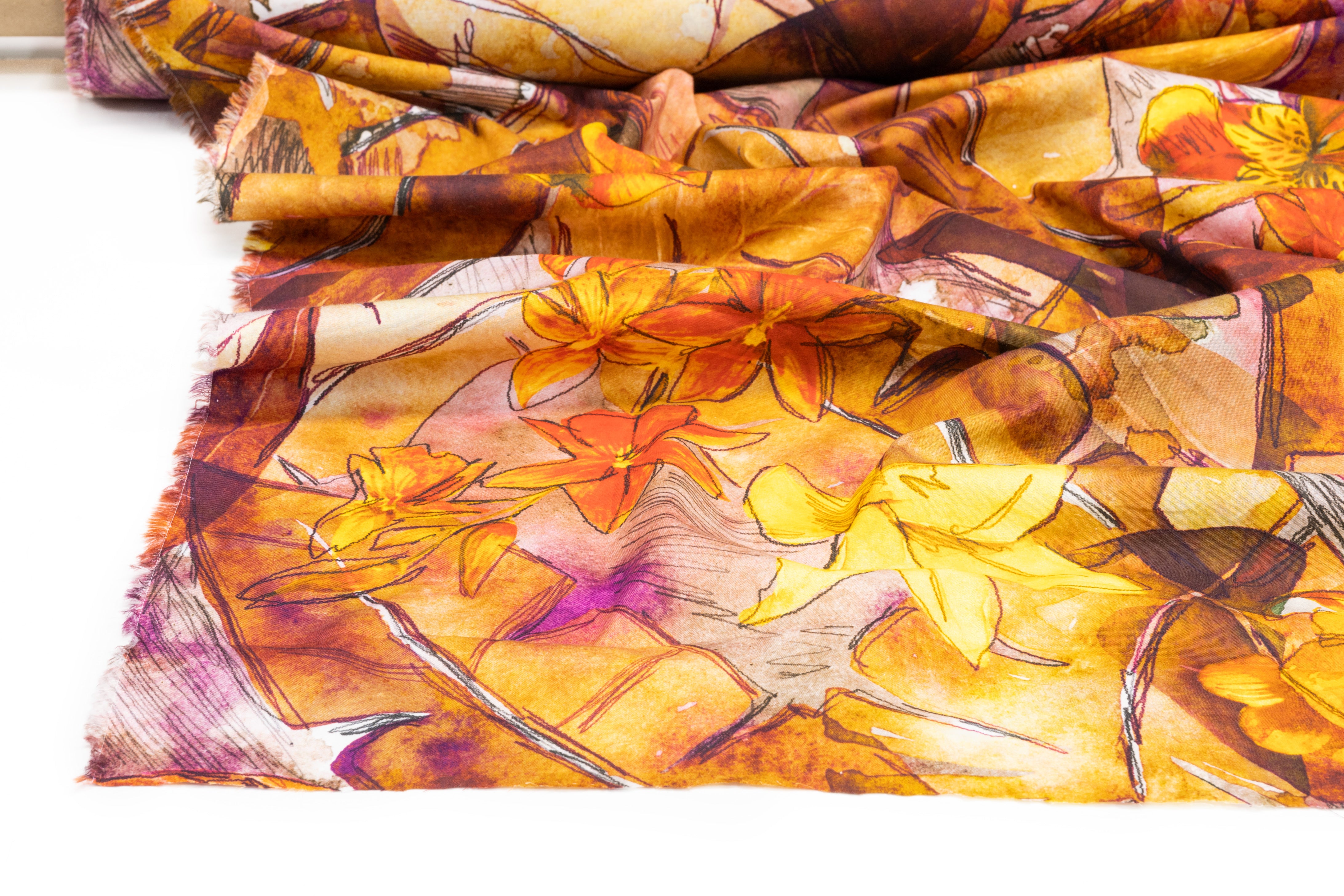 Floral Italian Cotton Lawn - Brown / Orange / Yellow