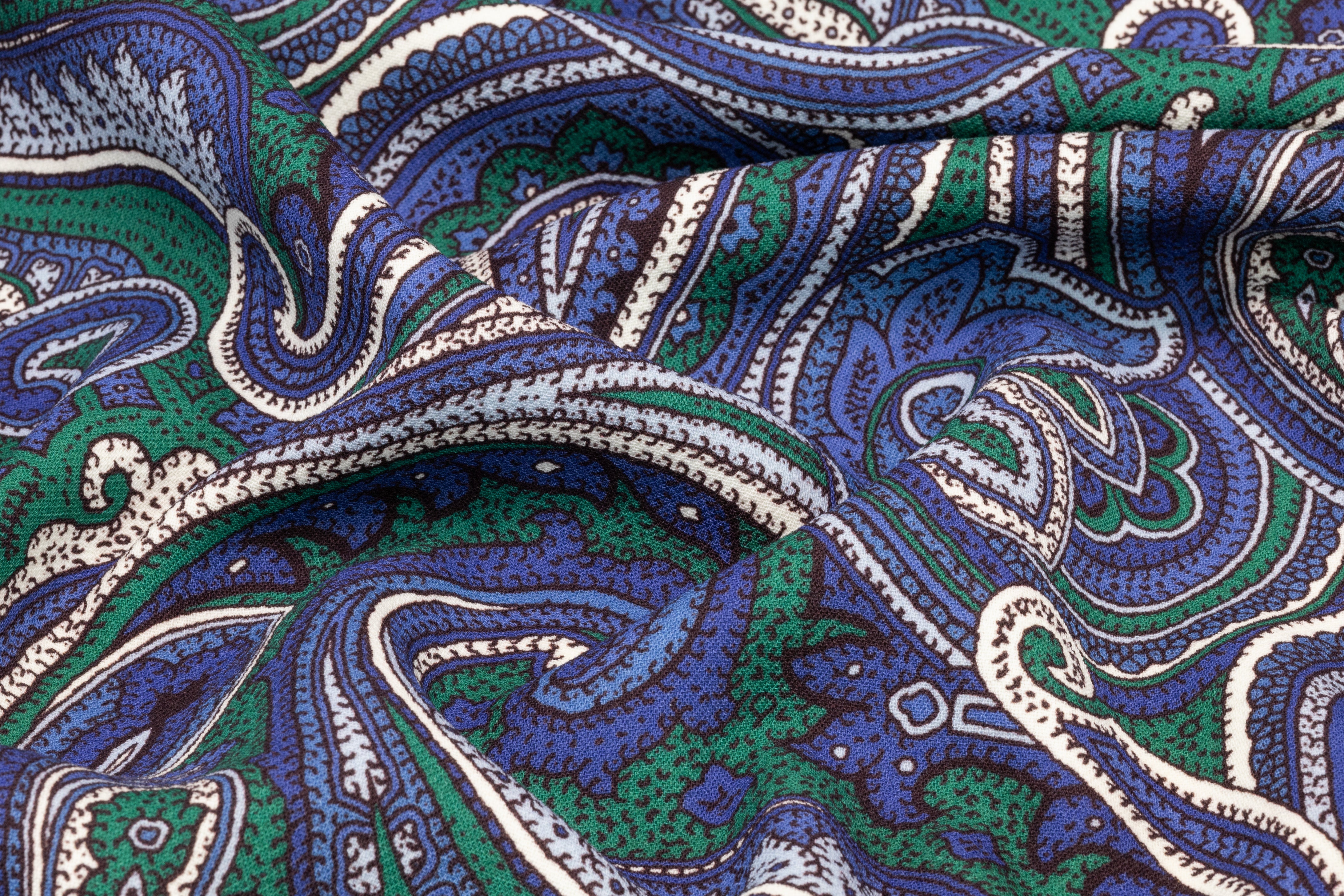 Paisley Printed Italian Wool Crepe - Blue / Green