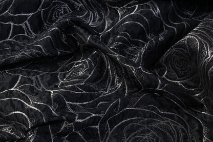 Crushed Floral Metallic Brocade - Black / Silver