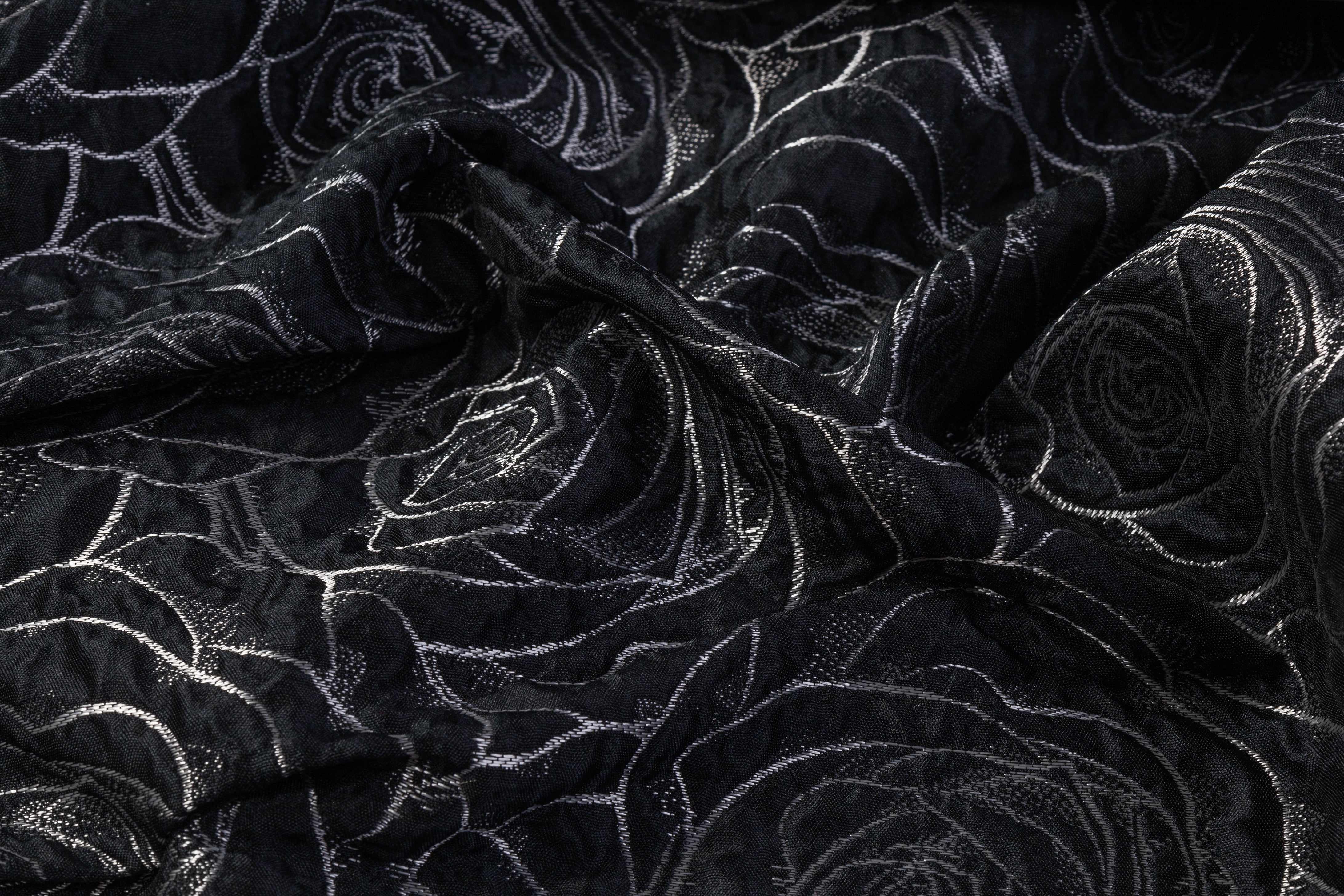 Crushed Floral Metallic Brocade - Black / Silver