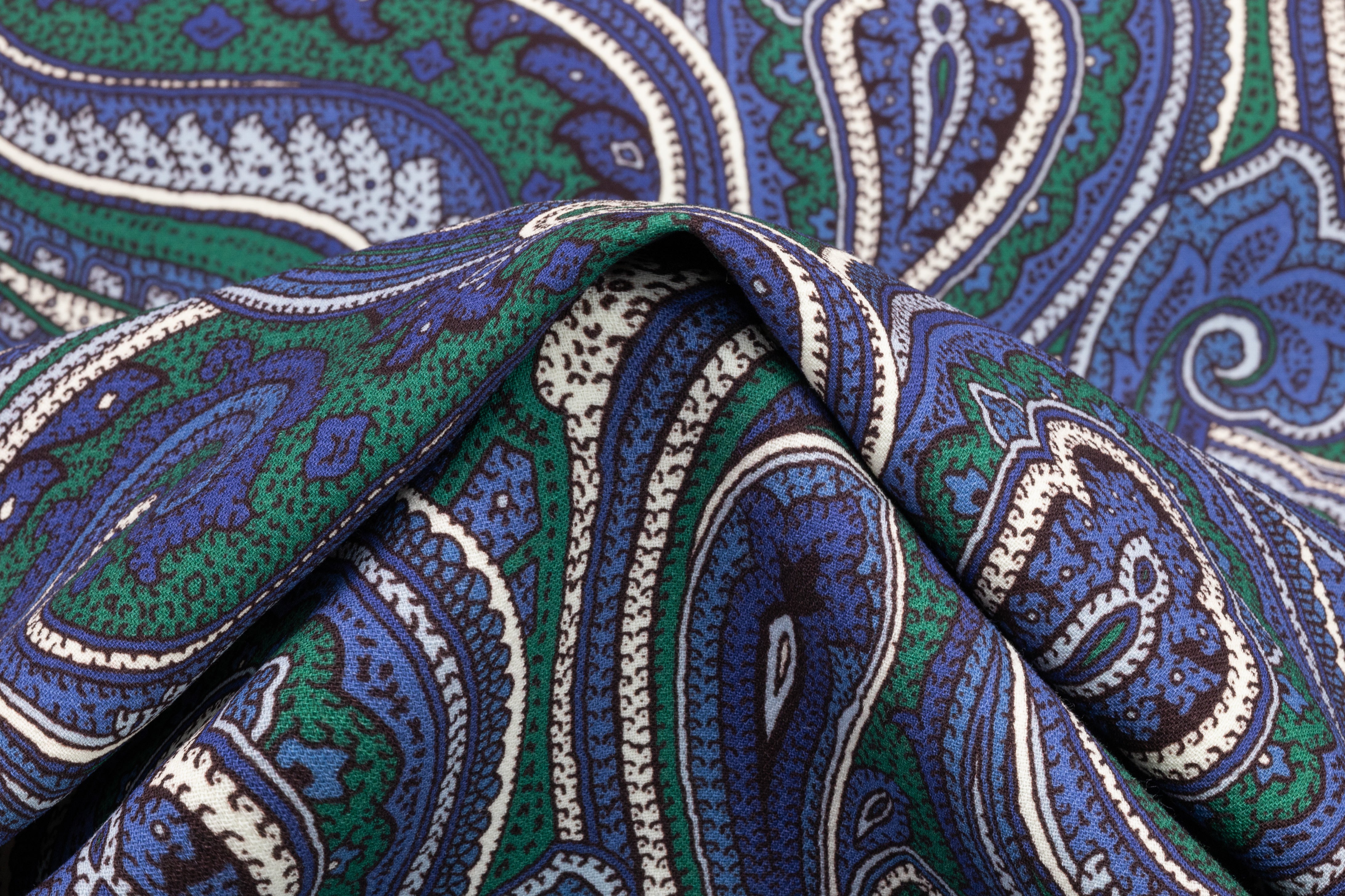 Paisley Printed Italian Wool Crepe - Blue / Green