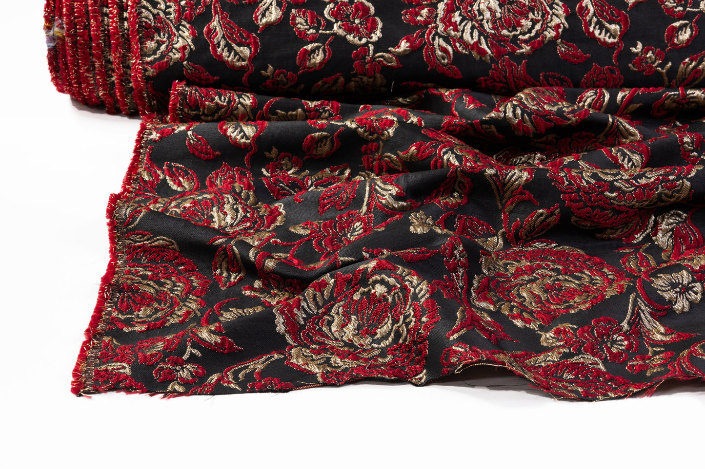 Crushed Floral Metallic Brocade - Red / Gold / Black