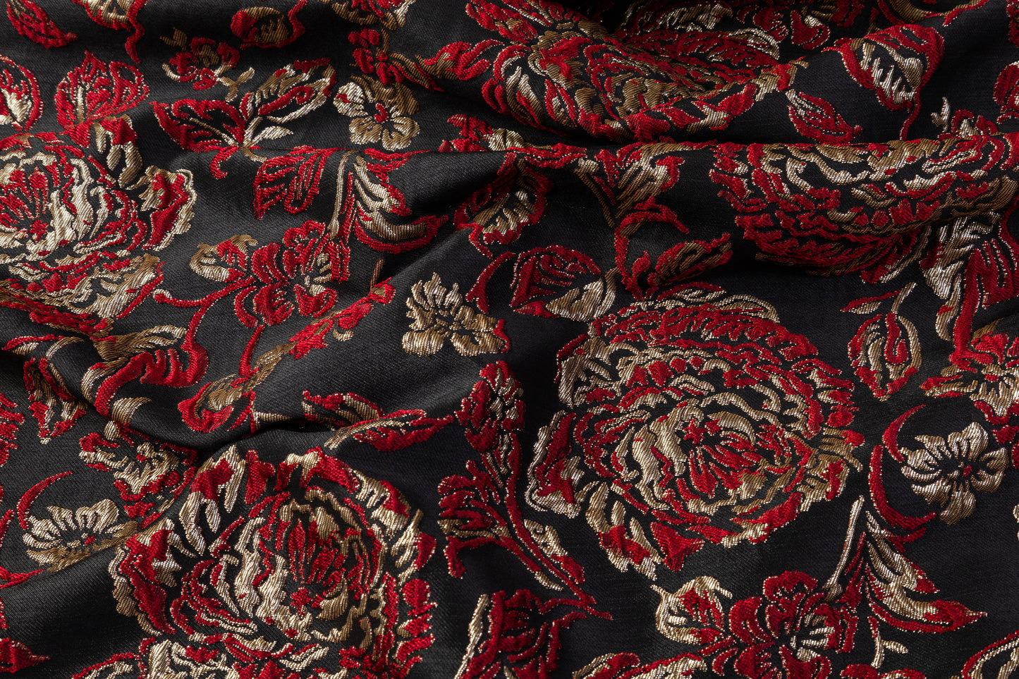 Crushed Floral Metallic Brocade - Red / Gold / Black