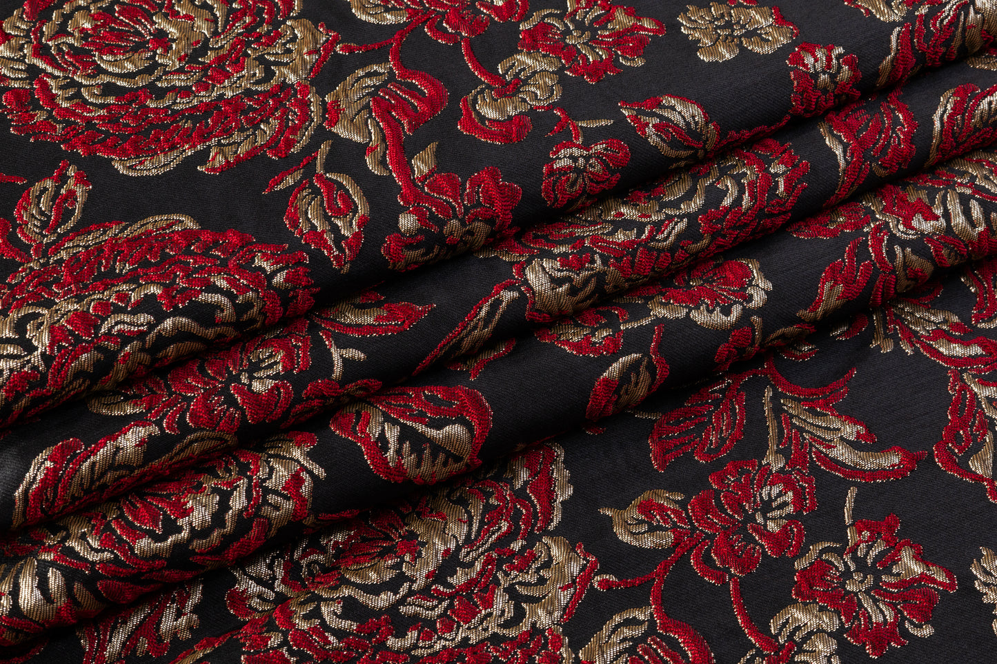 Crushed Floral Metallic Brocade - Red / Gold / Black