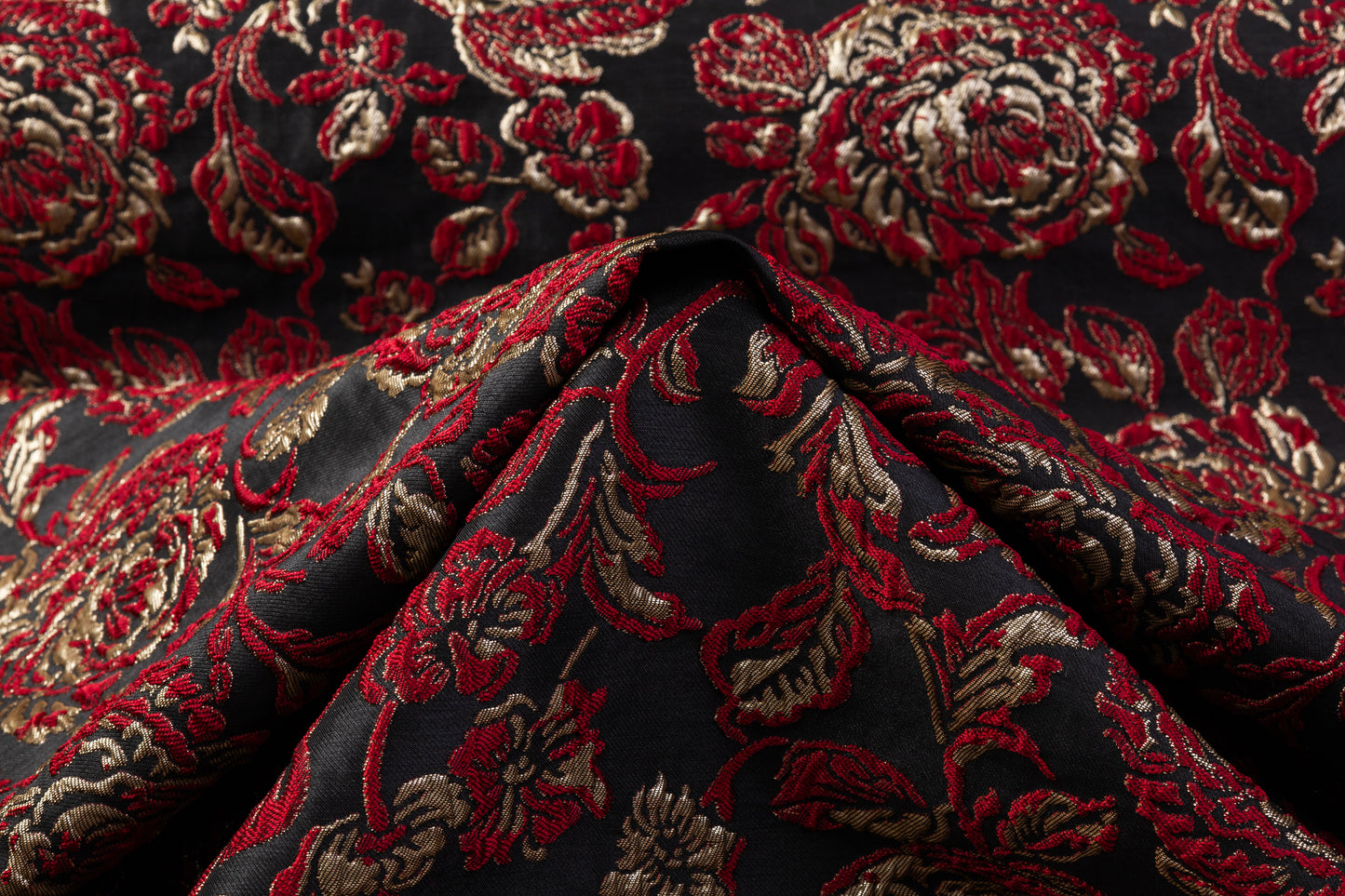 Crushed Floral Metallic Brocade - Red / Gold / Black
