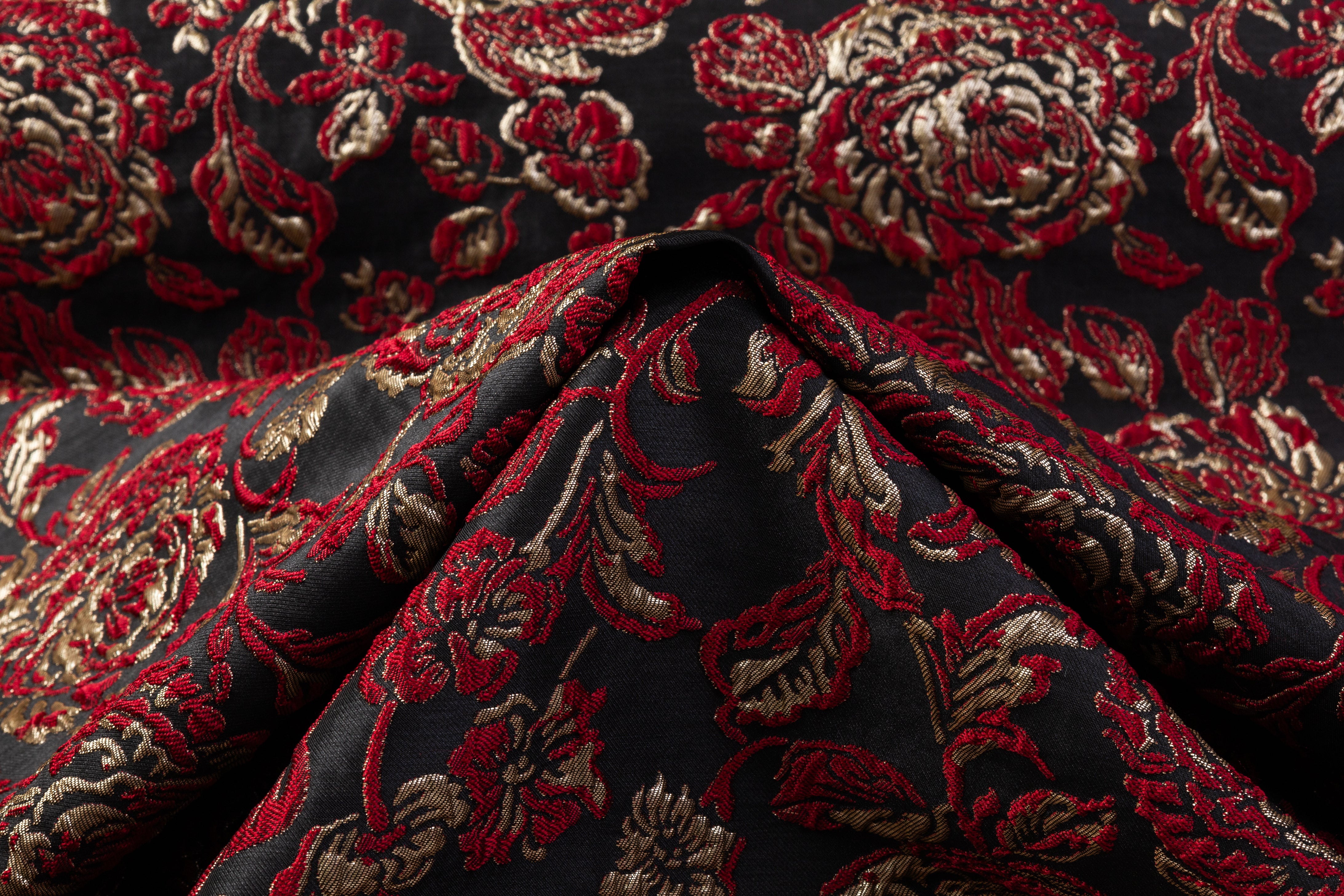 Crushed Floral Metallic Brocade - Red / Gold / Black
