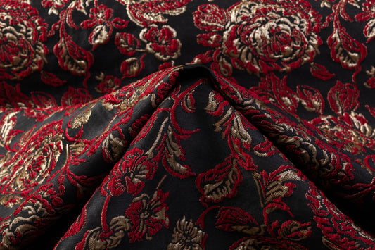 Crushed Floral Metallic Brocade - Red / Gold / Black