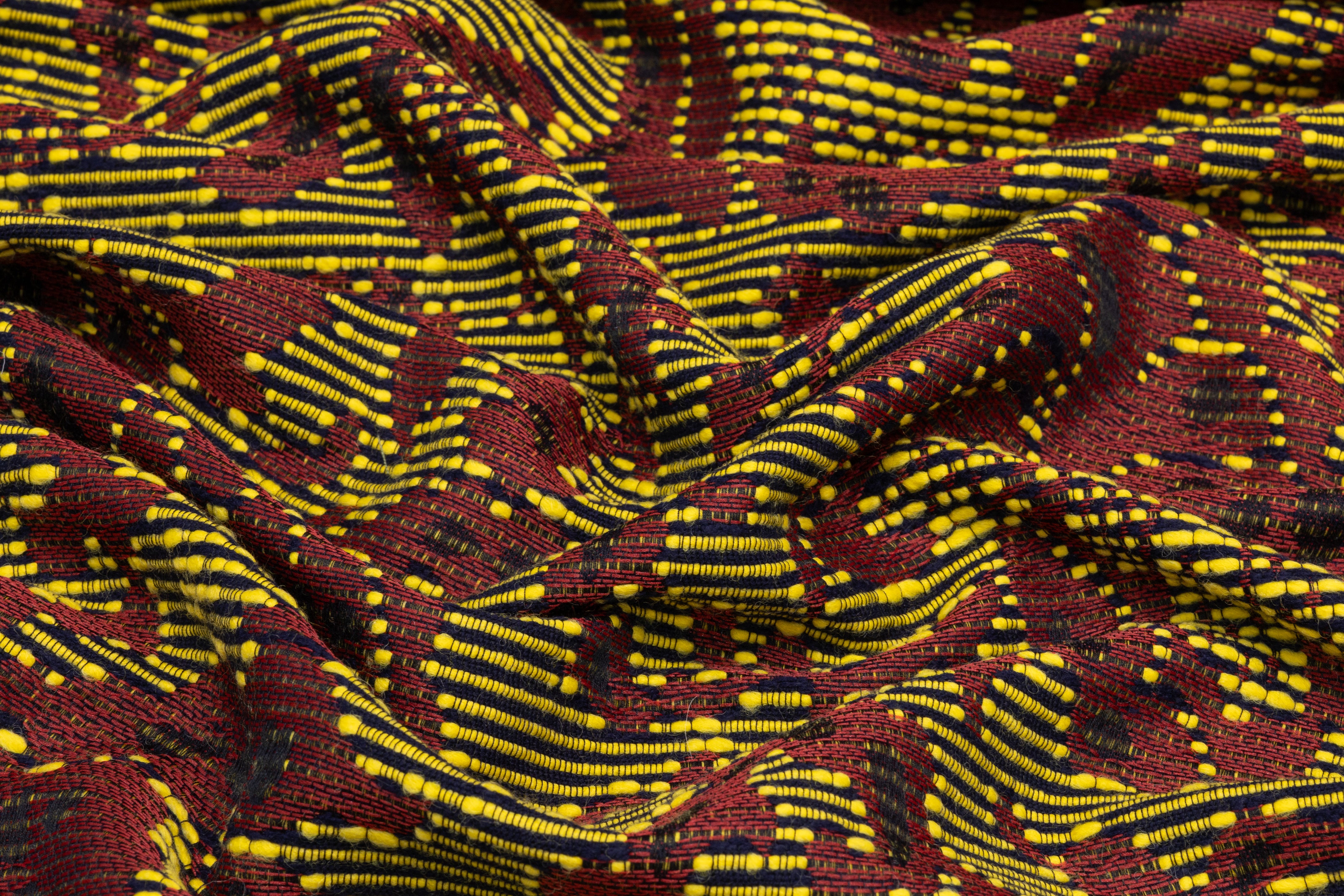 Floral Italian Textured Tweed Brocade - Red / Yellow / Black