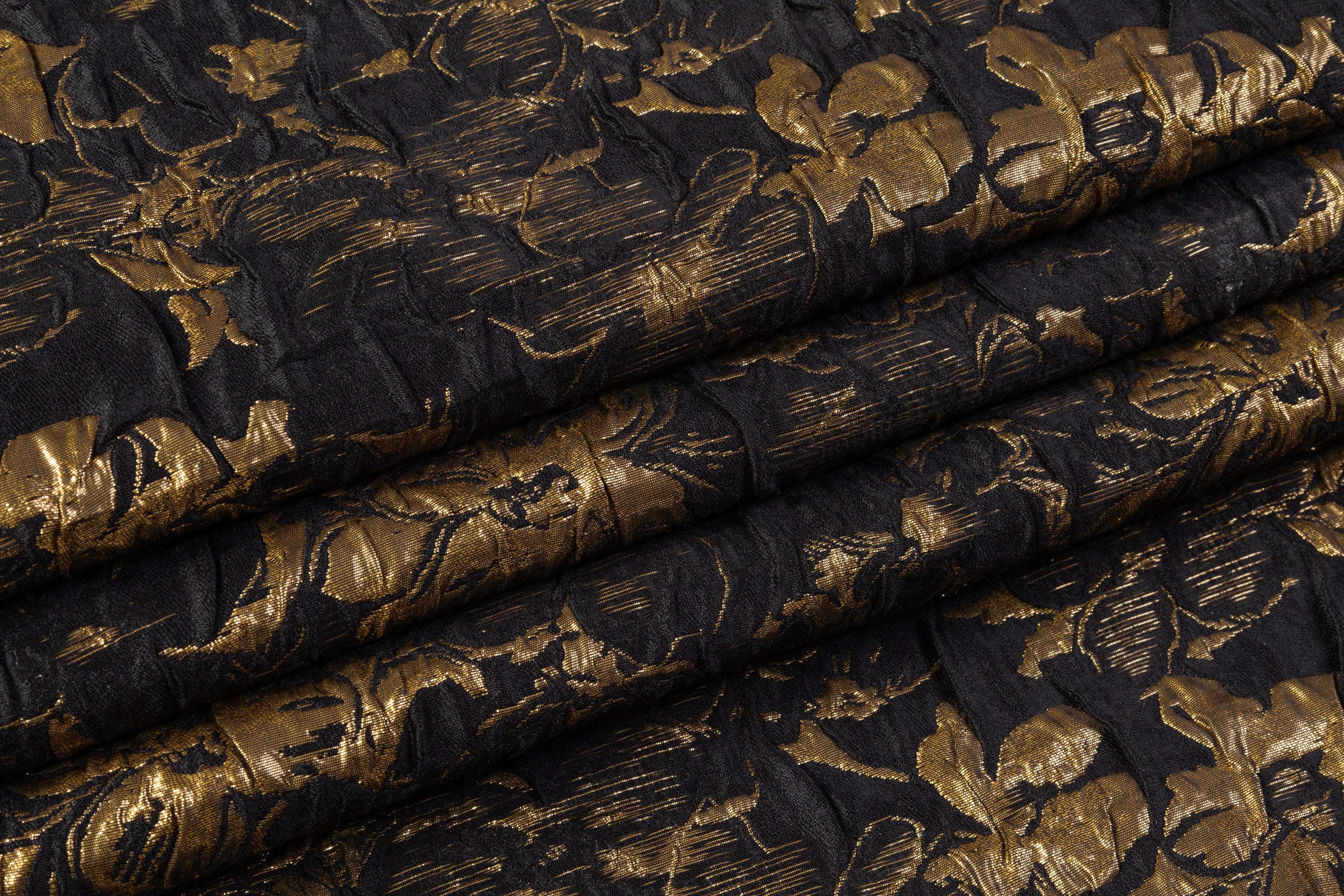 Double Faced Floral Crushed Metallic Brocade - Black / Gold