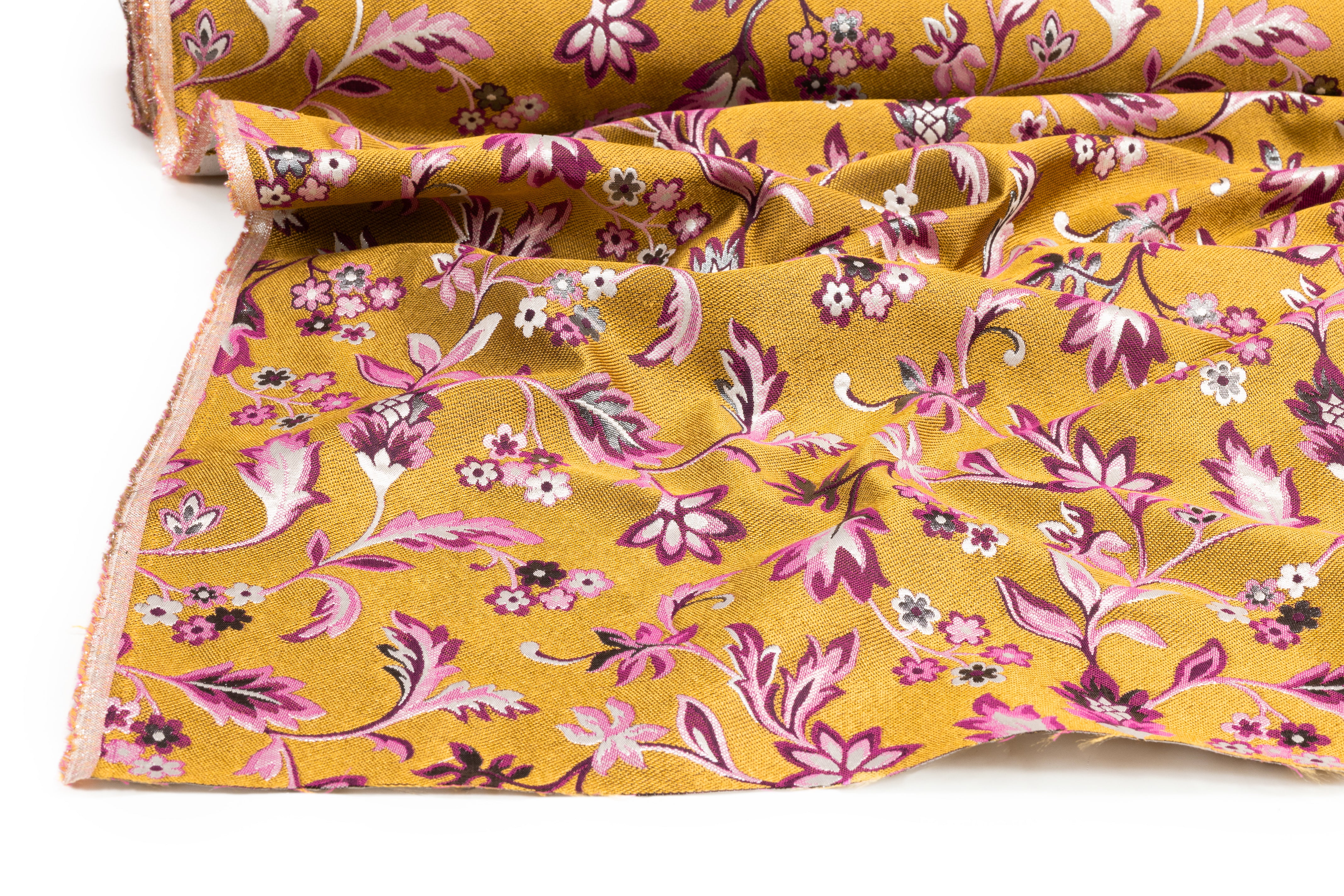 Floral Metallic Brocade - Antique Gold / Fuchsia