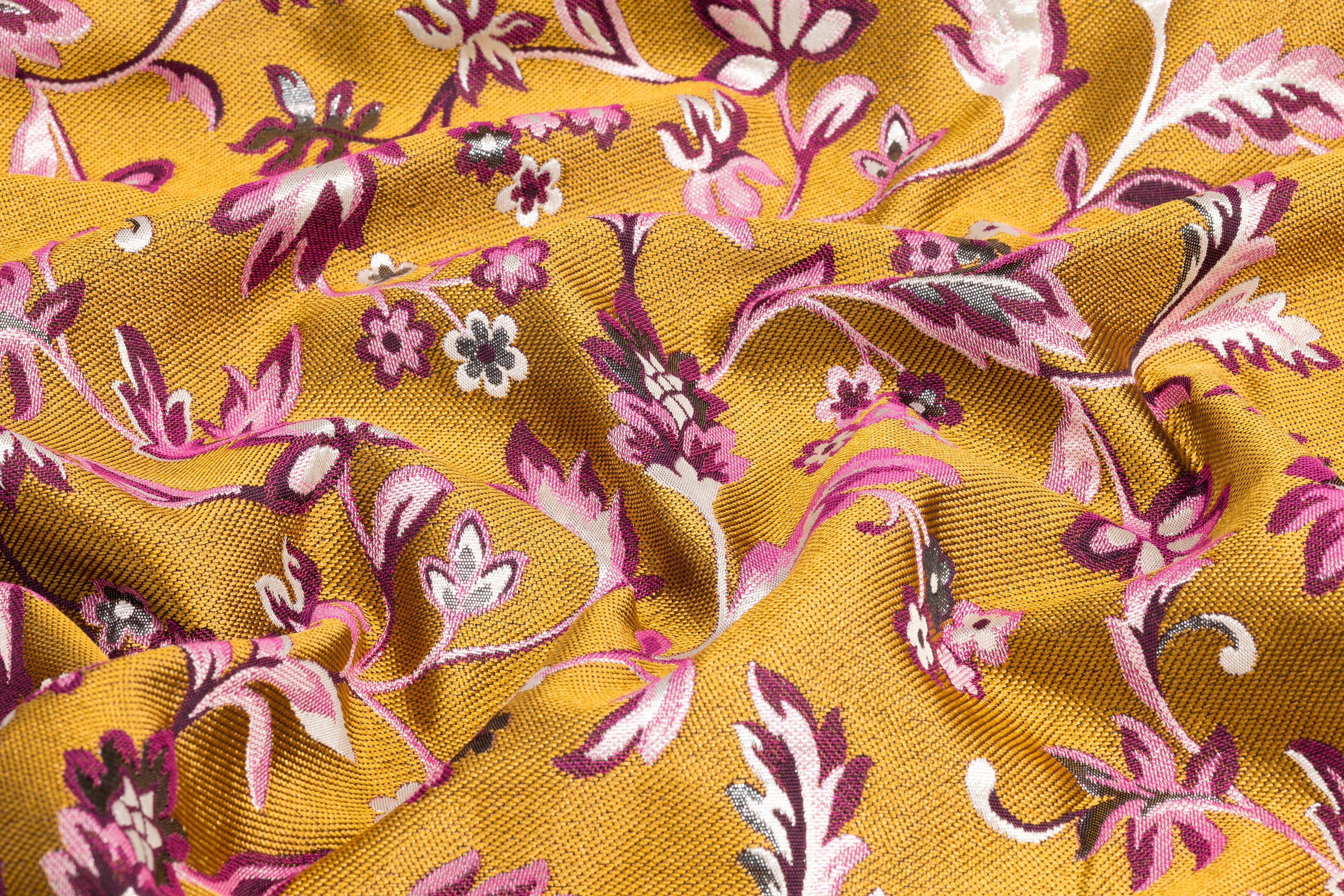 Floral Metallic Brocade - Antique Gold / Fuchsia