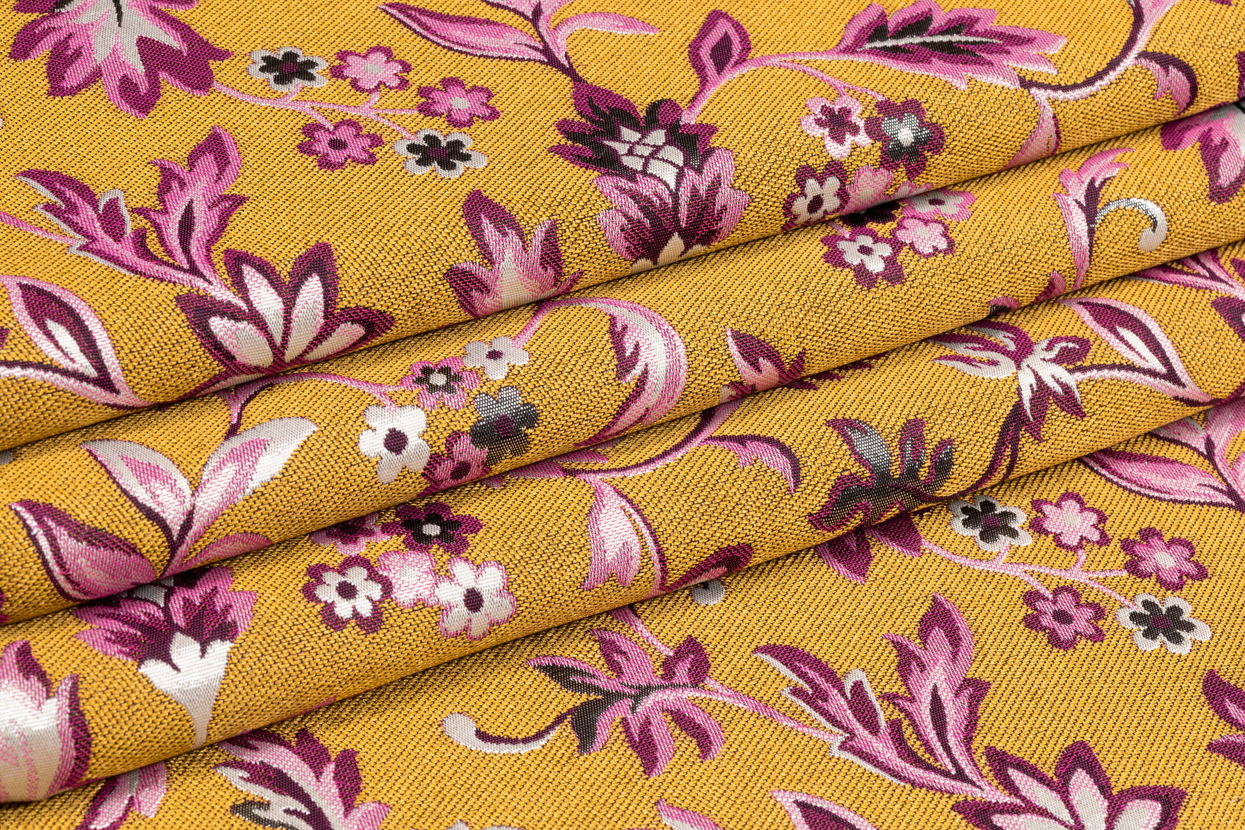 Floral Metallic Brocade - Antique Gold / Fuchsia