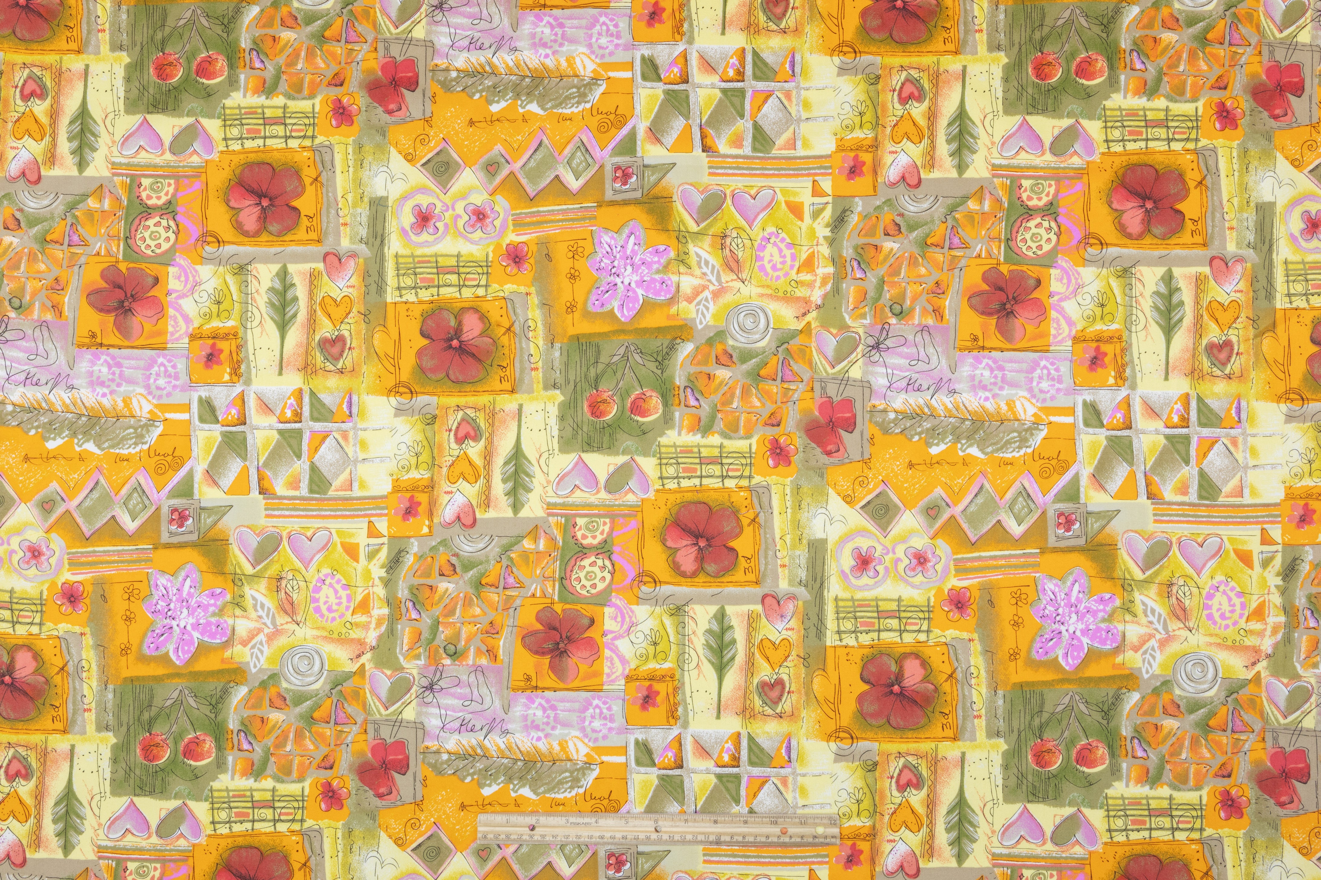 Floral Collage Japanese Cotton Twill - Orange / Khaki / Pink