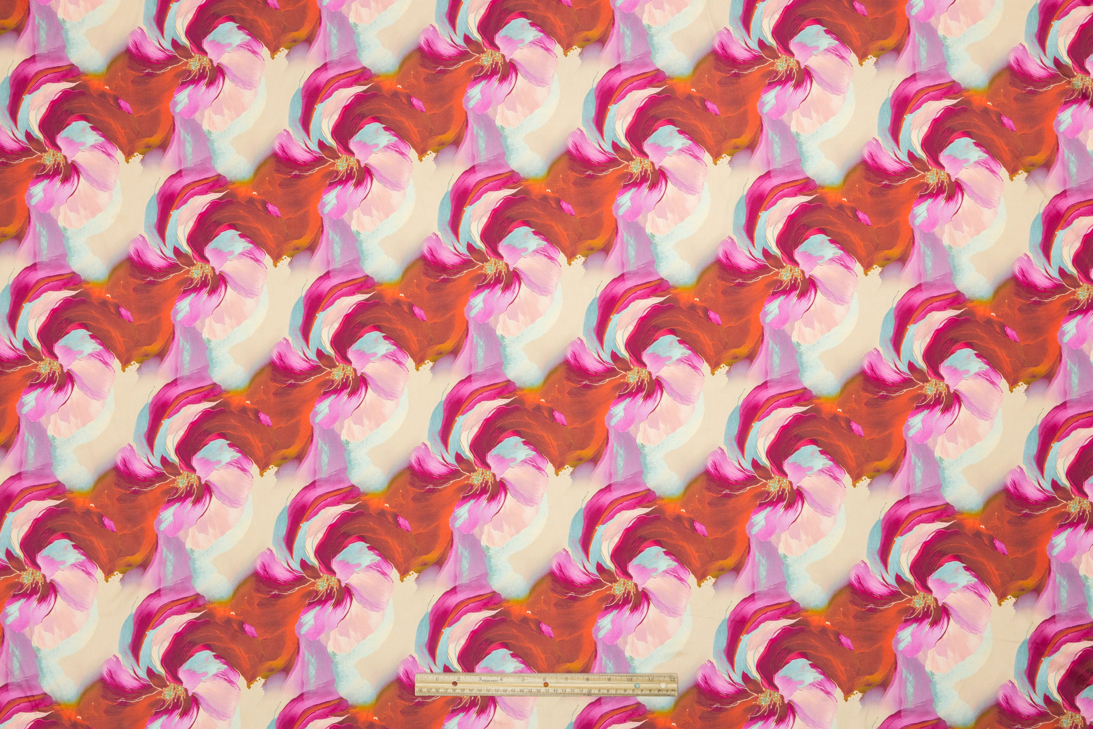 Watercolor Floral Italian Silk Charmeuse - Pink / Beige / Blue