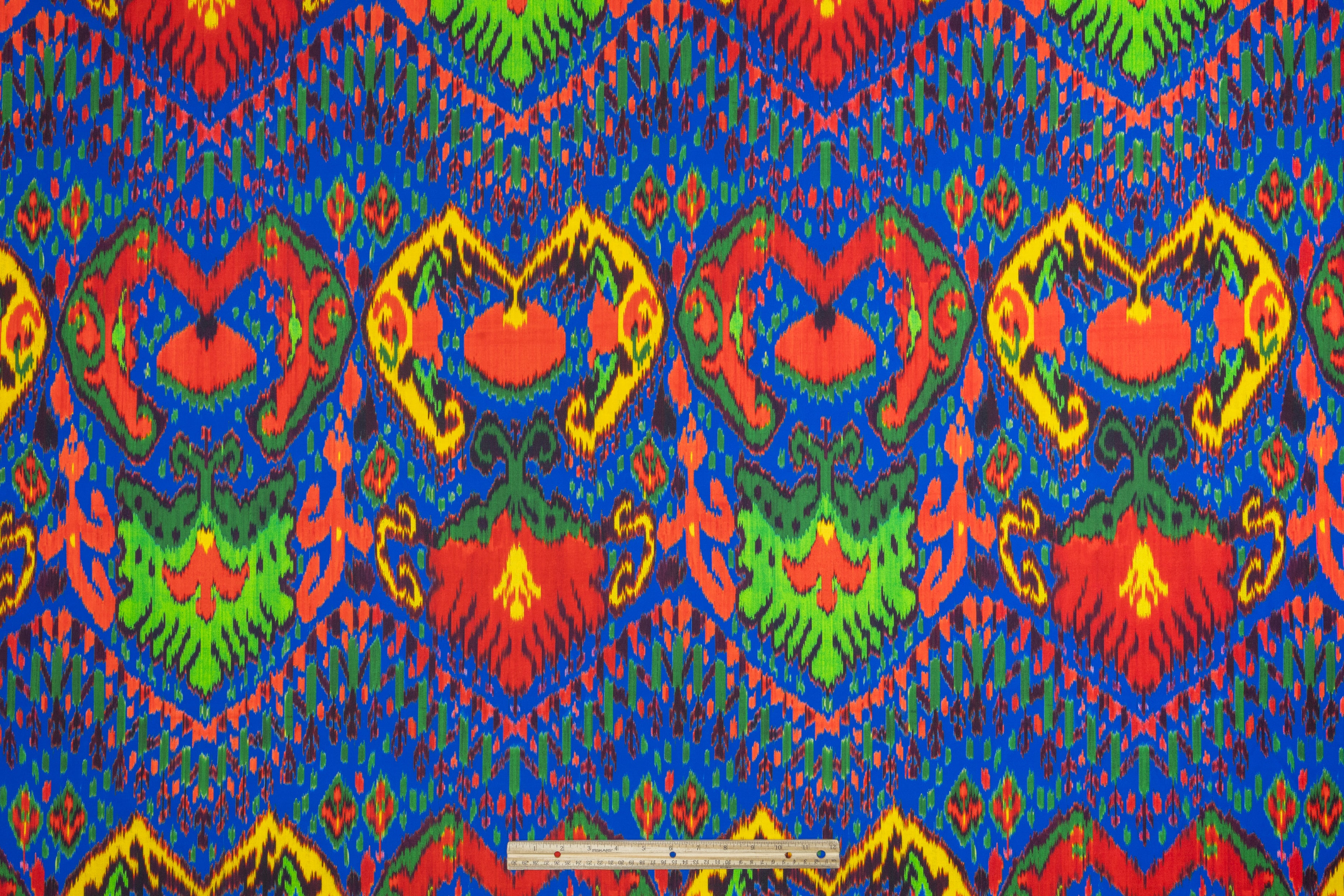 Ikat Printed Italian Sueded Polyester - Blue / Green / Yellow / Red