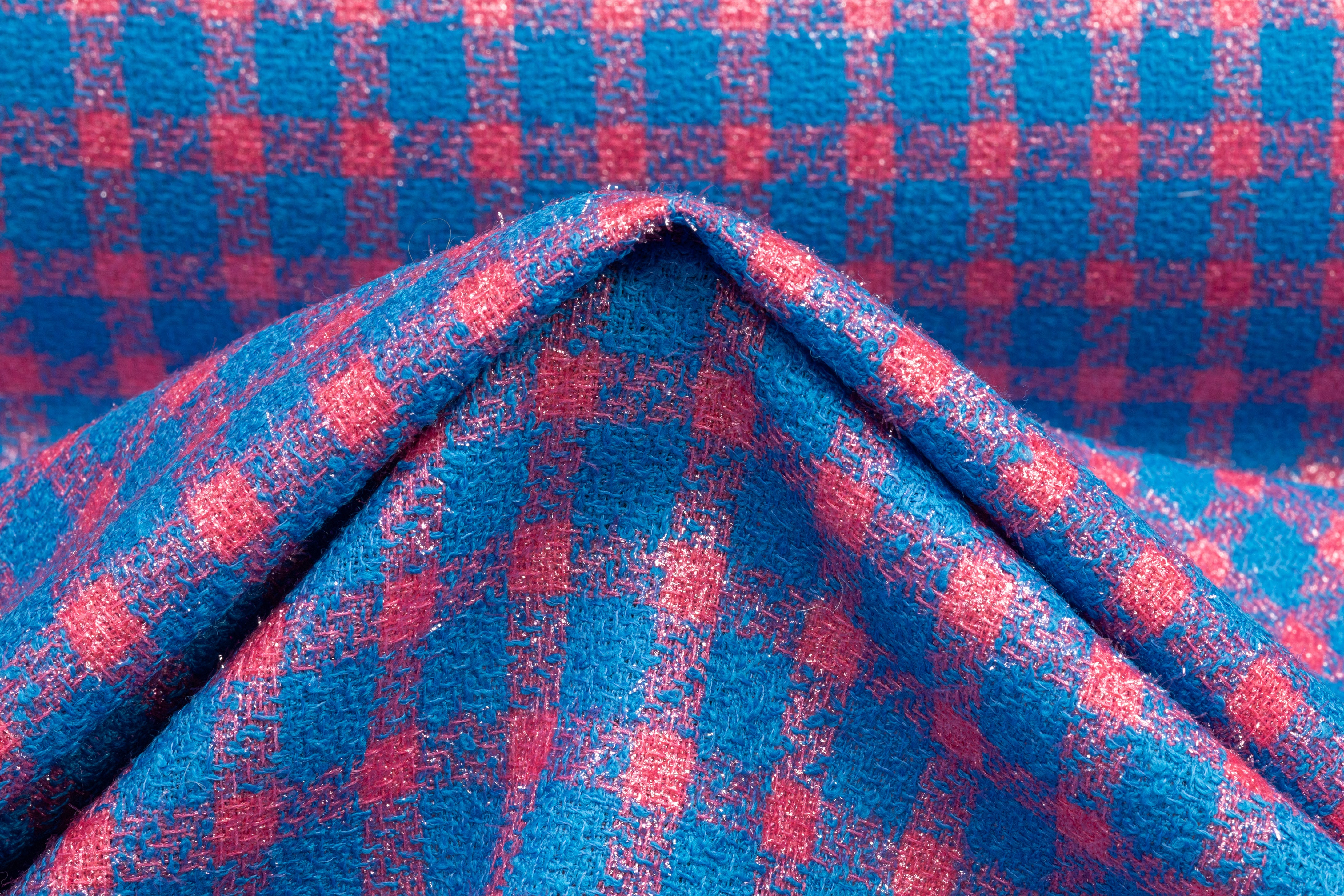 Checked Metallic Italian Wool Blend Tweed - Pink / Blue