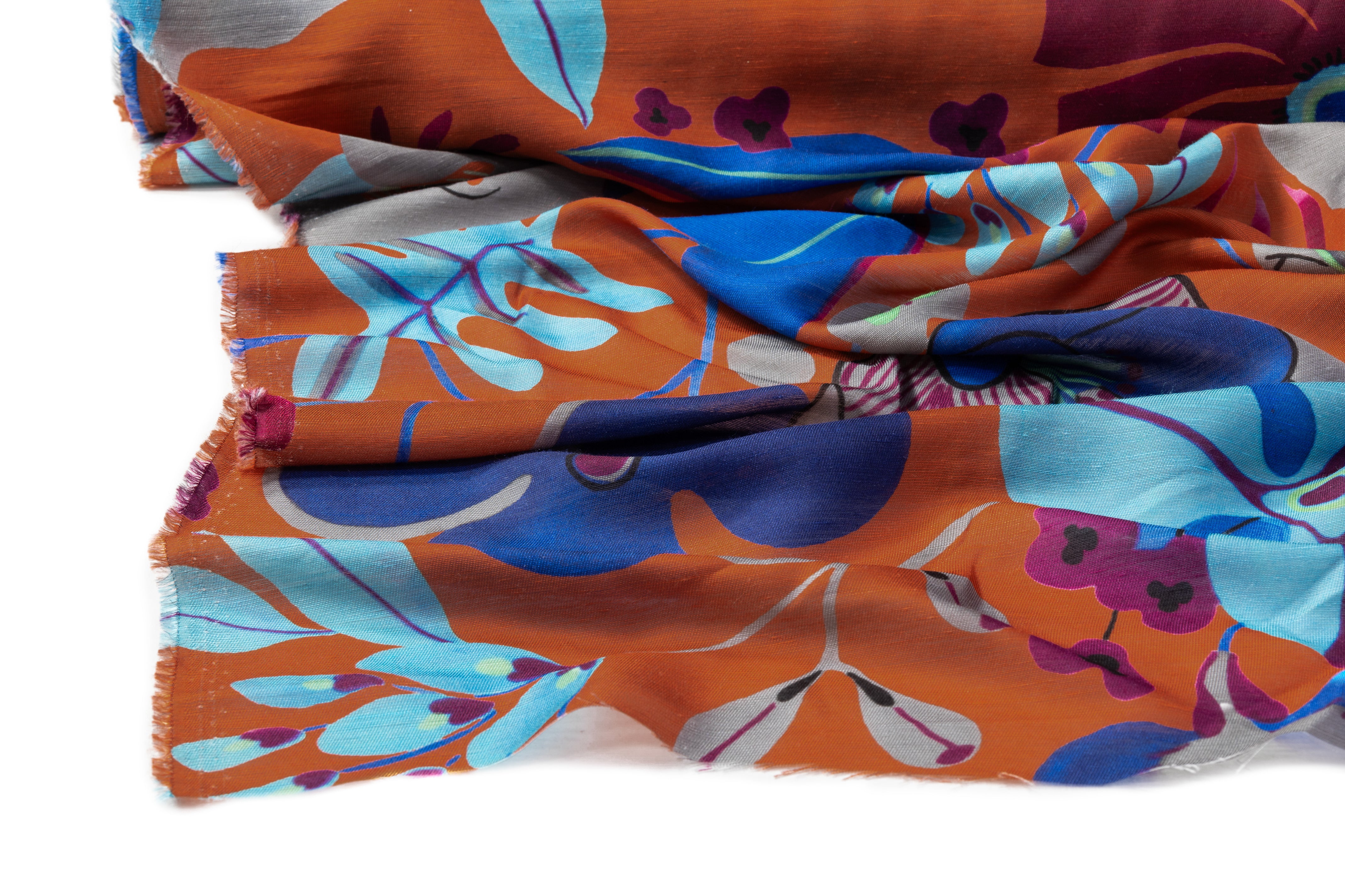 Floral Italian Silk Linen Blend - Rust / Blue / Gray / Burgundy