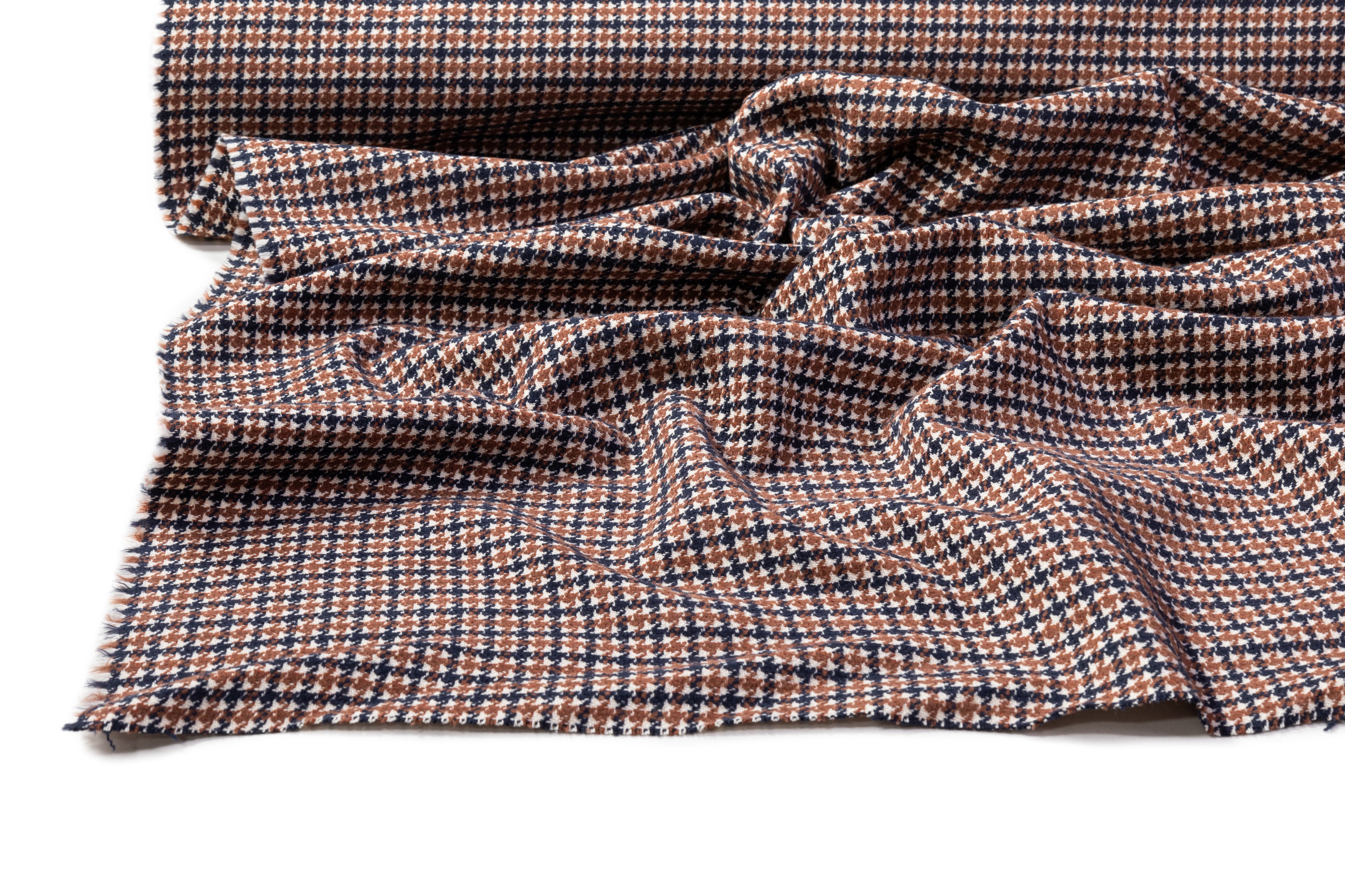 Houndstooth Italian Wool Cotton Tweed - Navy / Brown / White