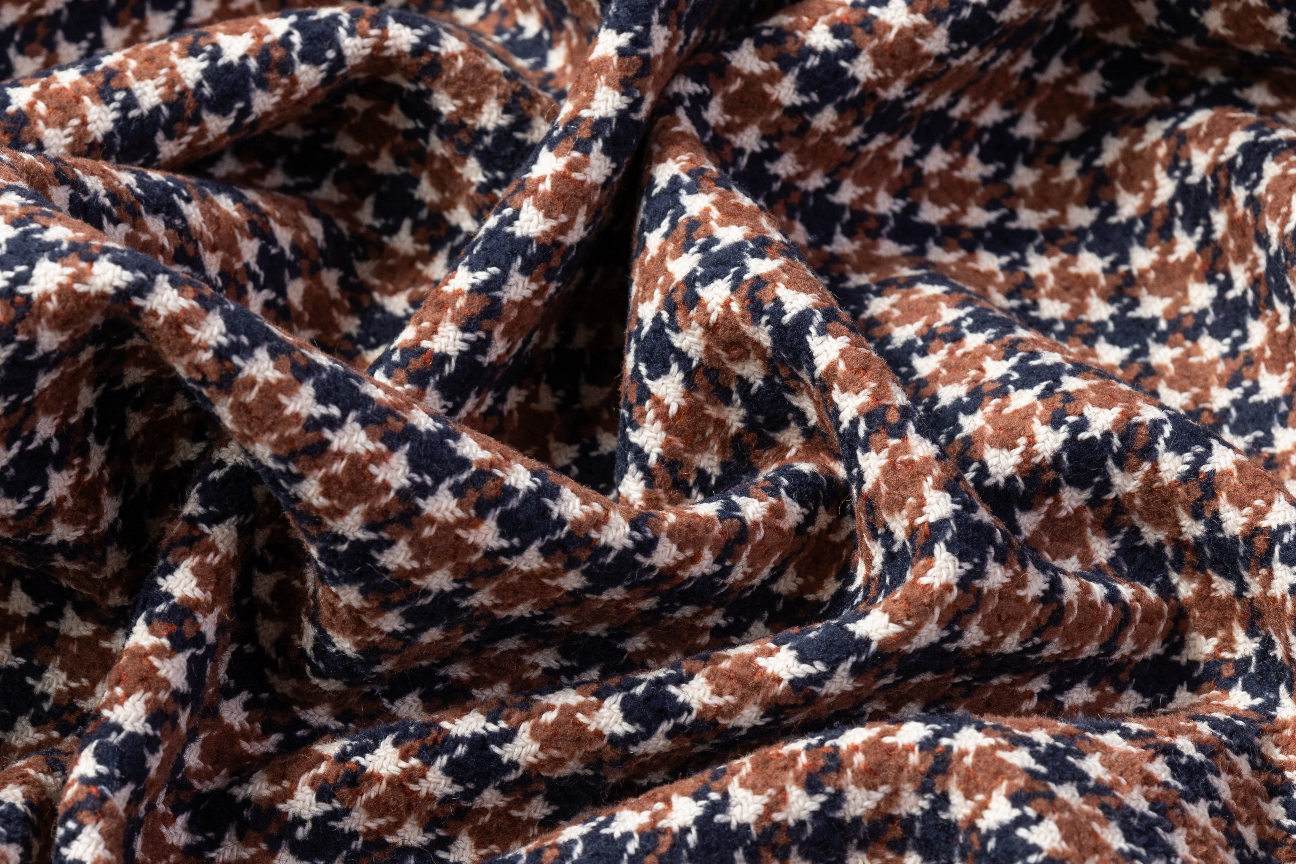Houndstooth Italian Wool Cotton Tweed - Navy / Brown / White